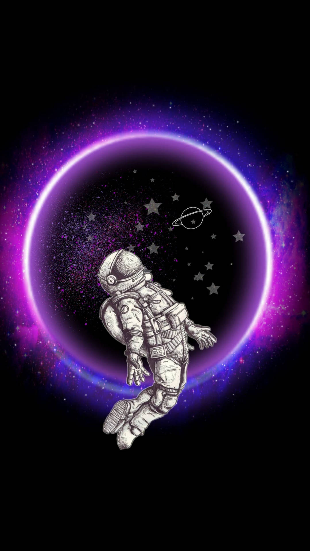 太空人在太空中漂浮，靠近一個發光的紫色環，有星星和一顆行星。