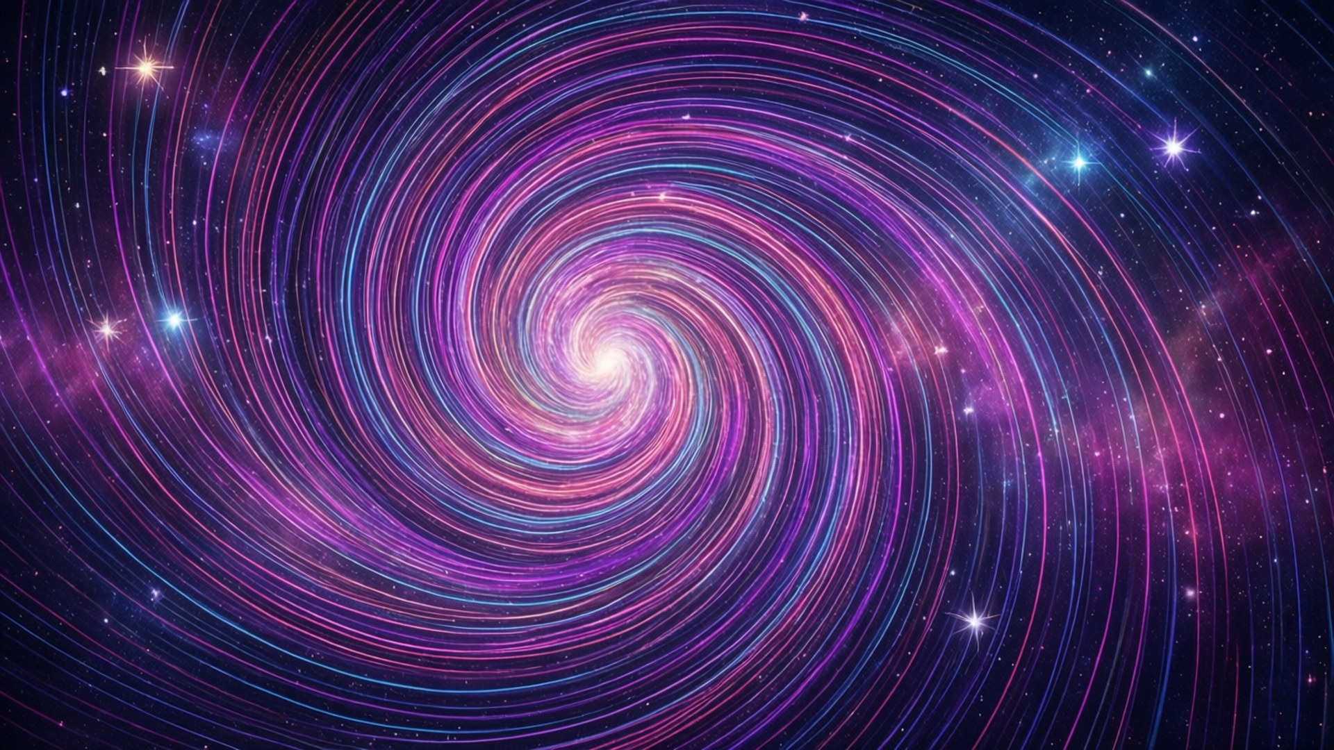 宇宙漩渦星系 壁紙 — 一個迷人的螺旋星系在繁星點點的宇宙背景下旋轉，帶有充滿活力的紫色和藍色光跡。