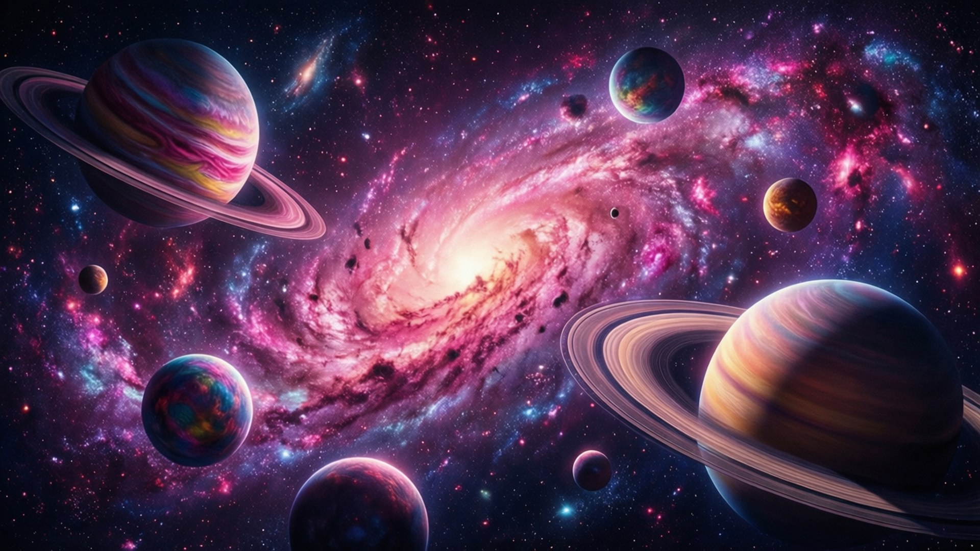 帶有光環的色彩繽紛行星，環繞著一個充滿星星的發光螺旋星系運行。