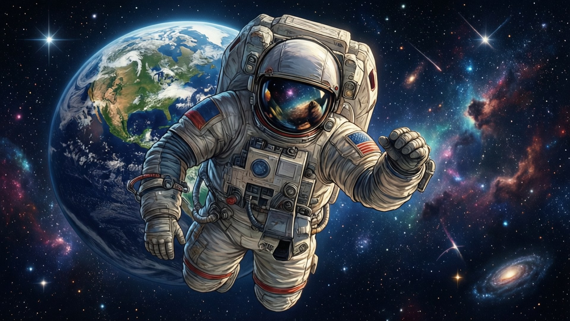太空人在太空中漂浮，背景是地球和充滿活力的星雲。