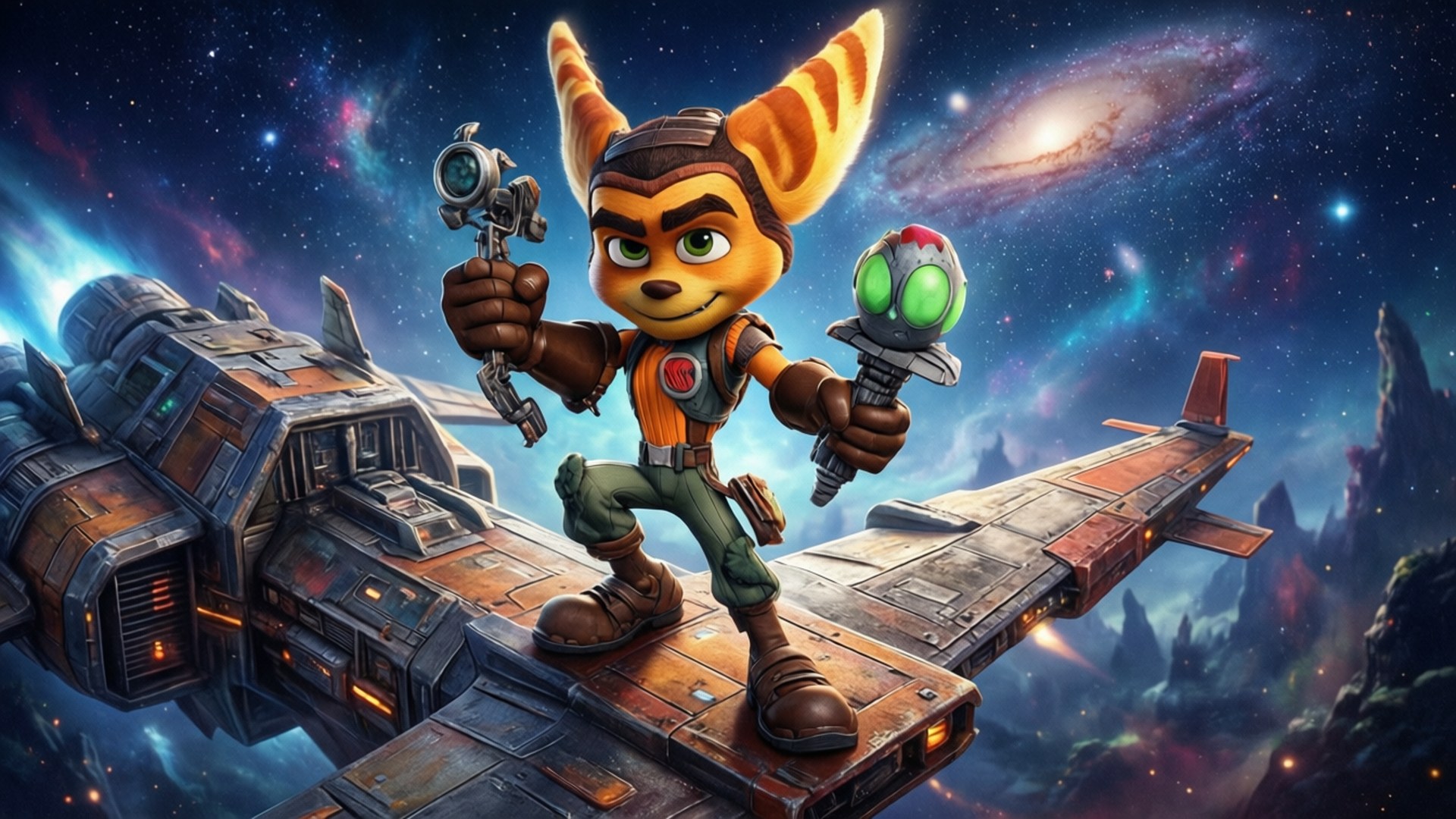 Ratchet the Lombax 在太空中拿著武器站在太空船上，背景有星系和星星