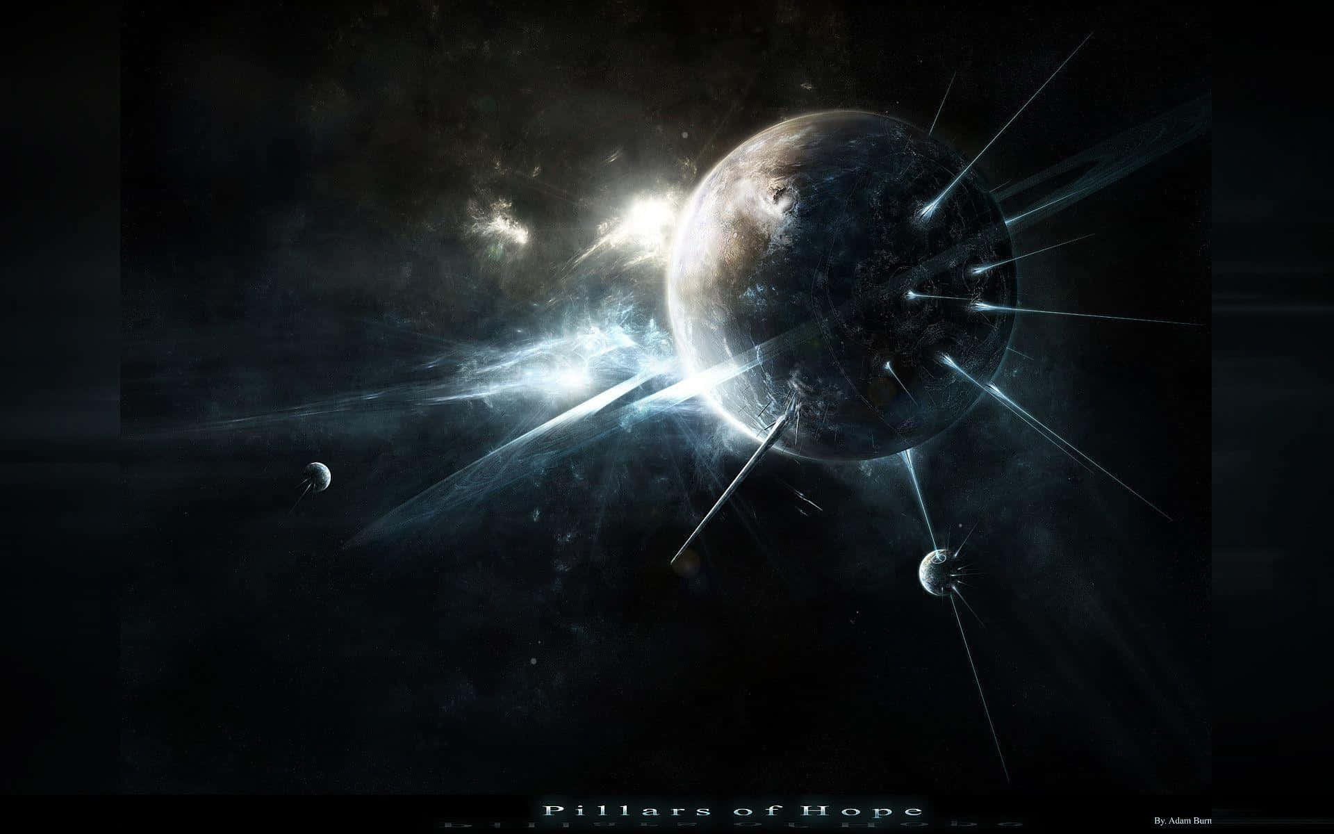 一顆發光的行星在黑暗的星空中放射出光束，伴隨著小衛星。