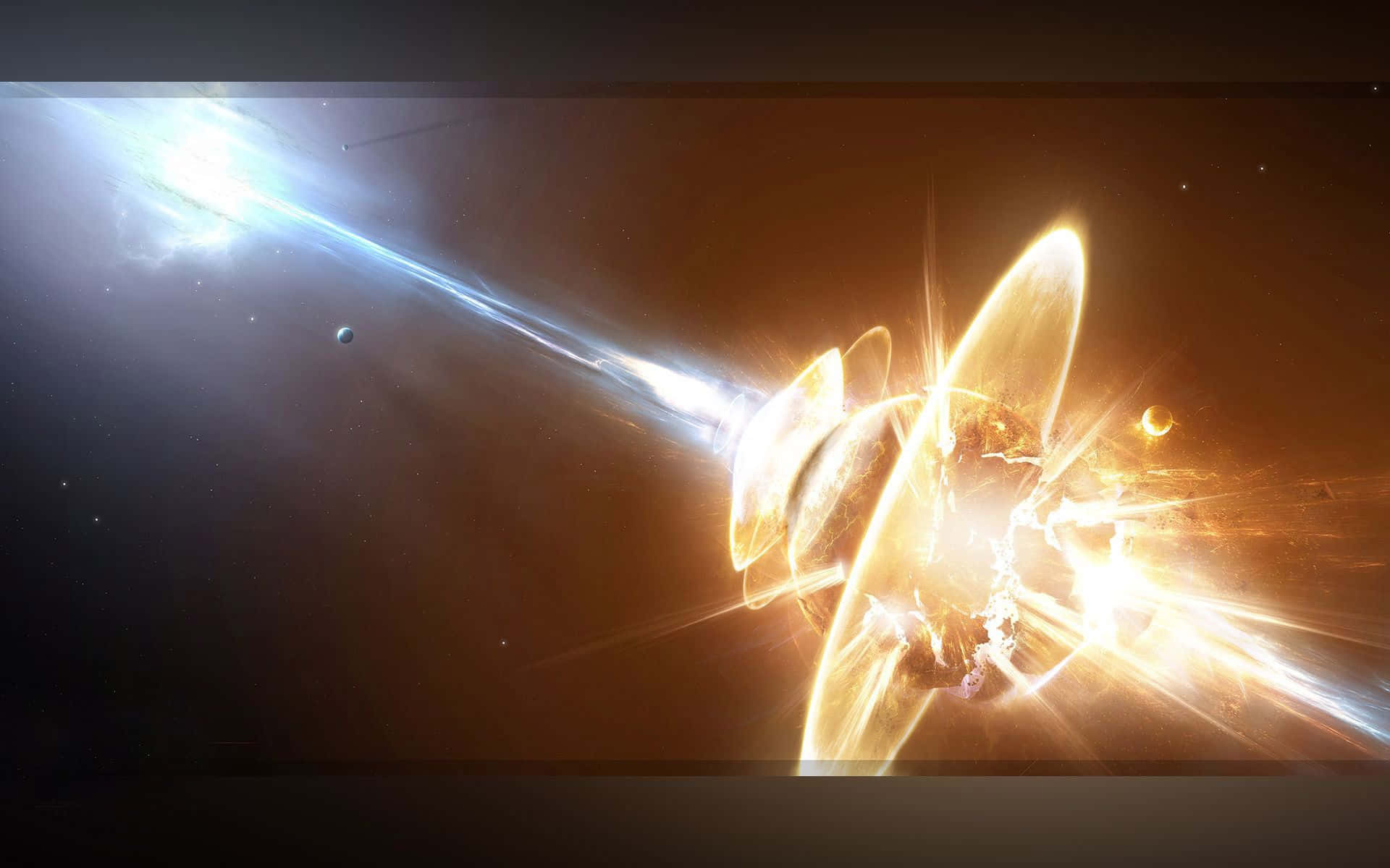 Supernova Explosion 桌布 壁紙 — 宇宙爆炸在黑暗星空中散發出金色光芒，遠處有行星和能量條紋。
