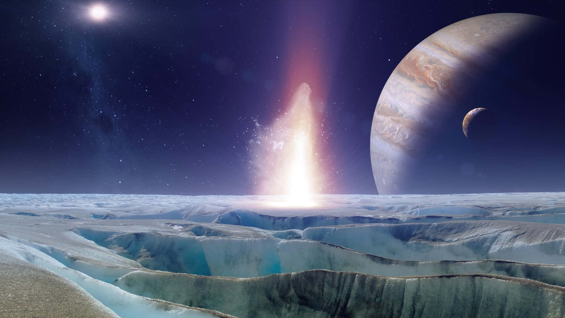 Spectacular 桌布 壁紙 — 宇宙爆發從冰原地形中噴出，在星空下，木星及其衛星巨大地逼近。