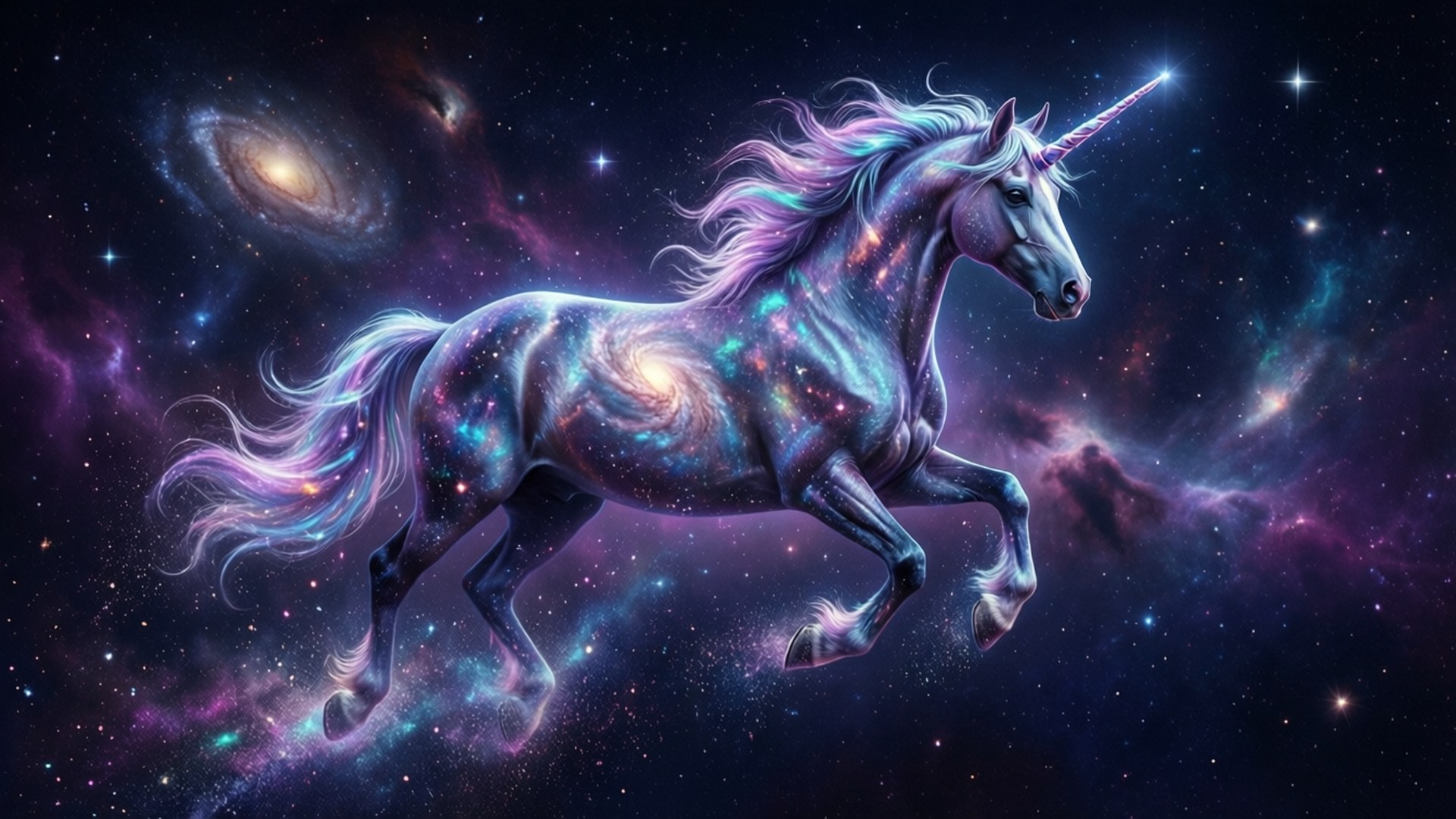 一頭帶有星系圖案的發光獨角獸奔騰穿過星光燦爛的宇宙天空。