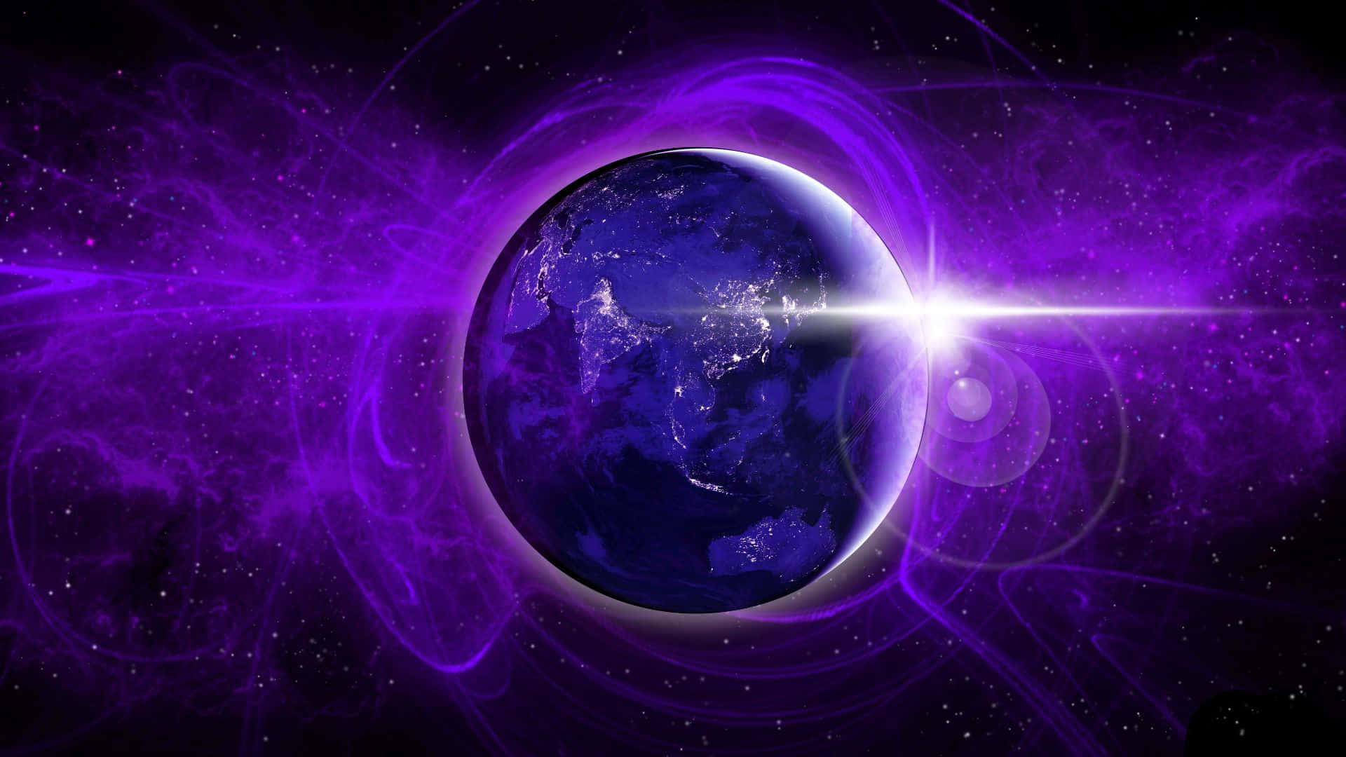 紫色宇宙漩渦中的藍色地球，帶有明亮的鏡頭光暈