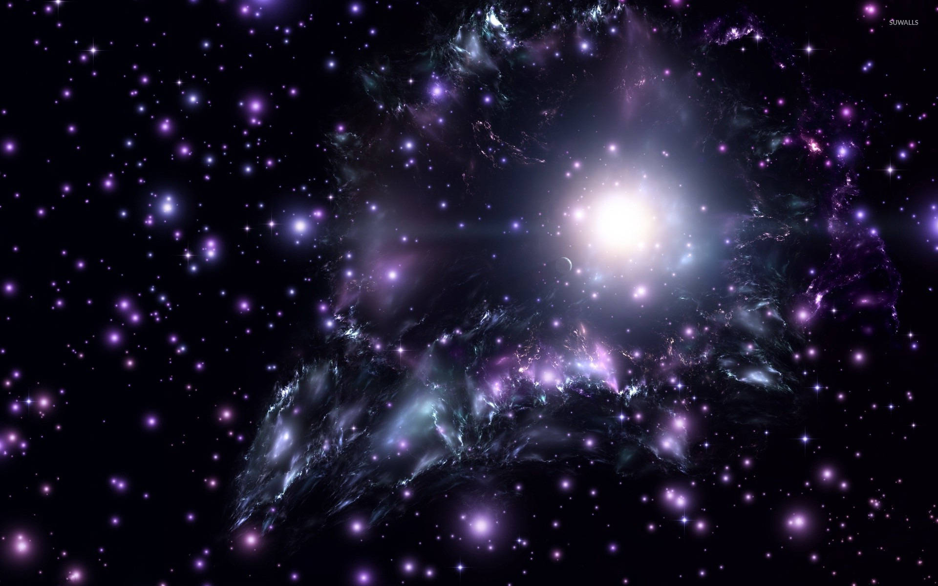 在深空中帶有明亮星星的鮮豔紫色和青綠色星雲。