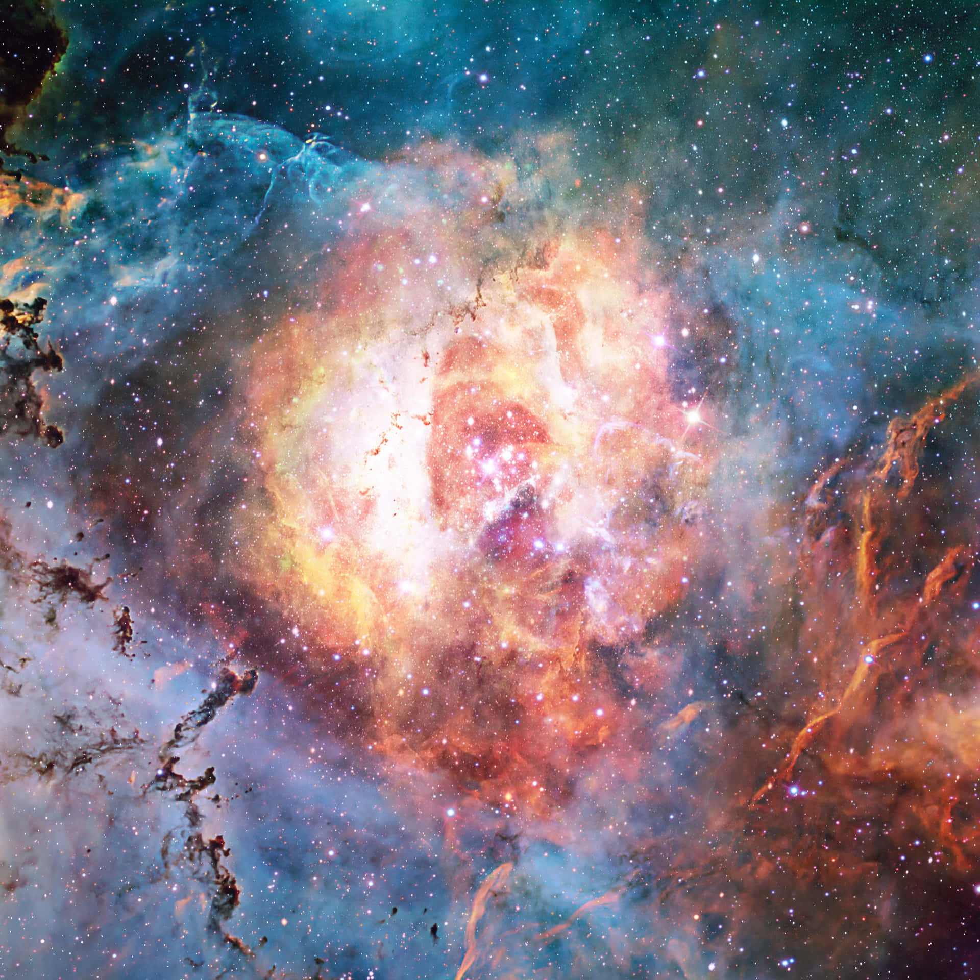一個色彩繽紛的星雲，在深空中散發著發光的氣體雲和星星。