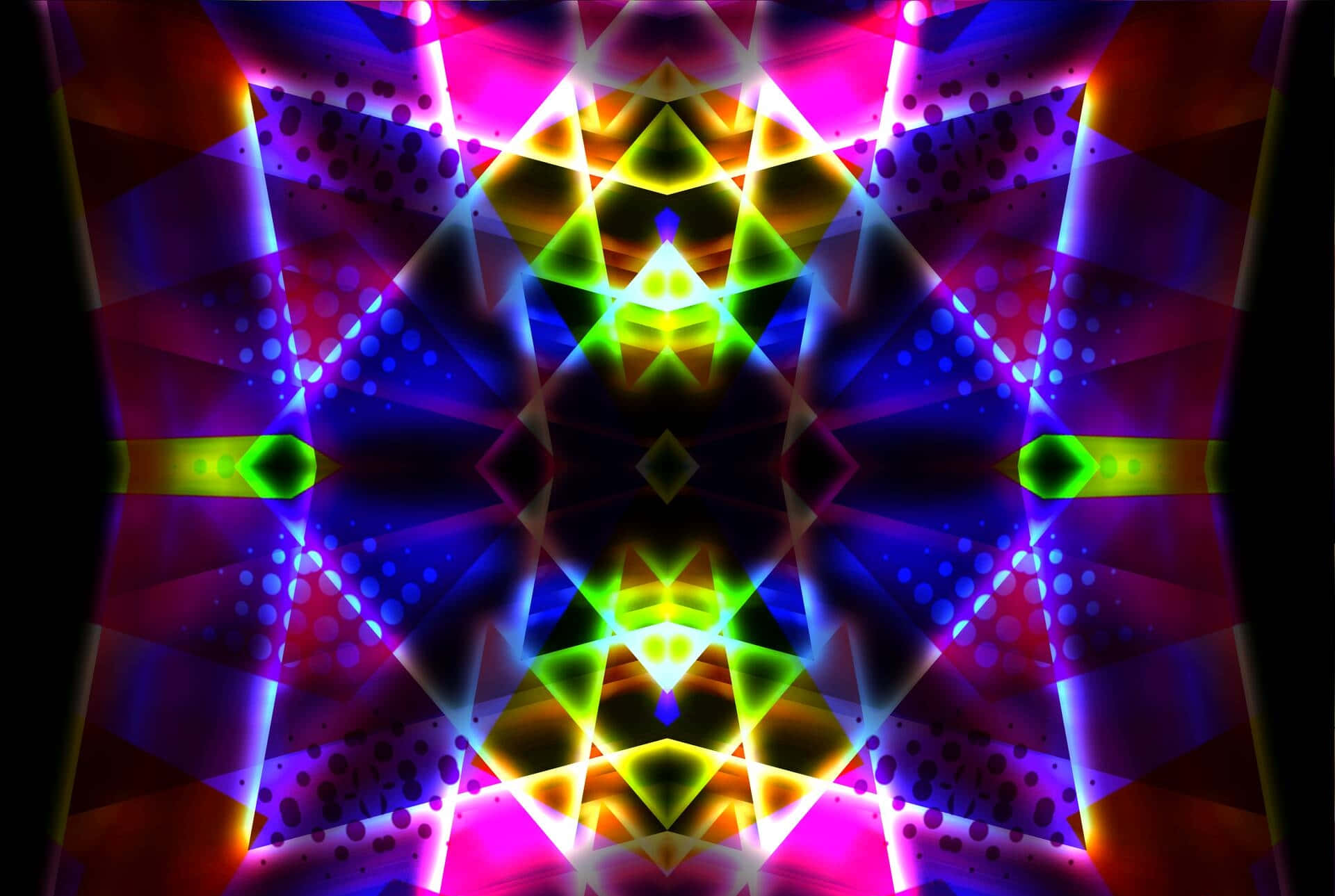 宇宙的絢麗色彩在夜空中閃耀 壁紙 — 鮮豔的霓虹幾何圖案從中央的星爆向外輻射，背景為深色，帶有發光點和尖銳的角形。