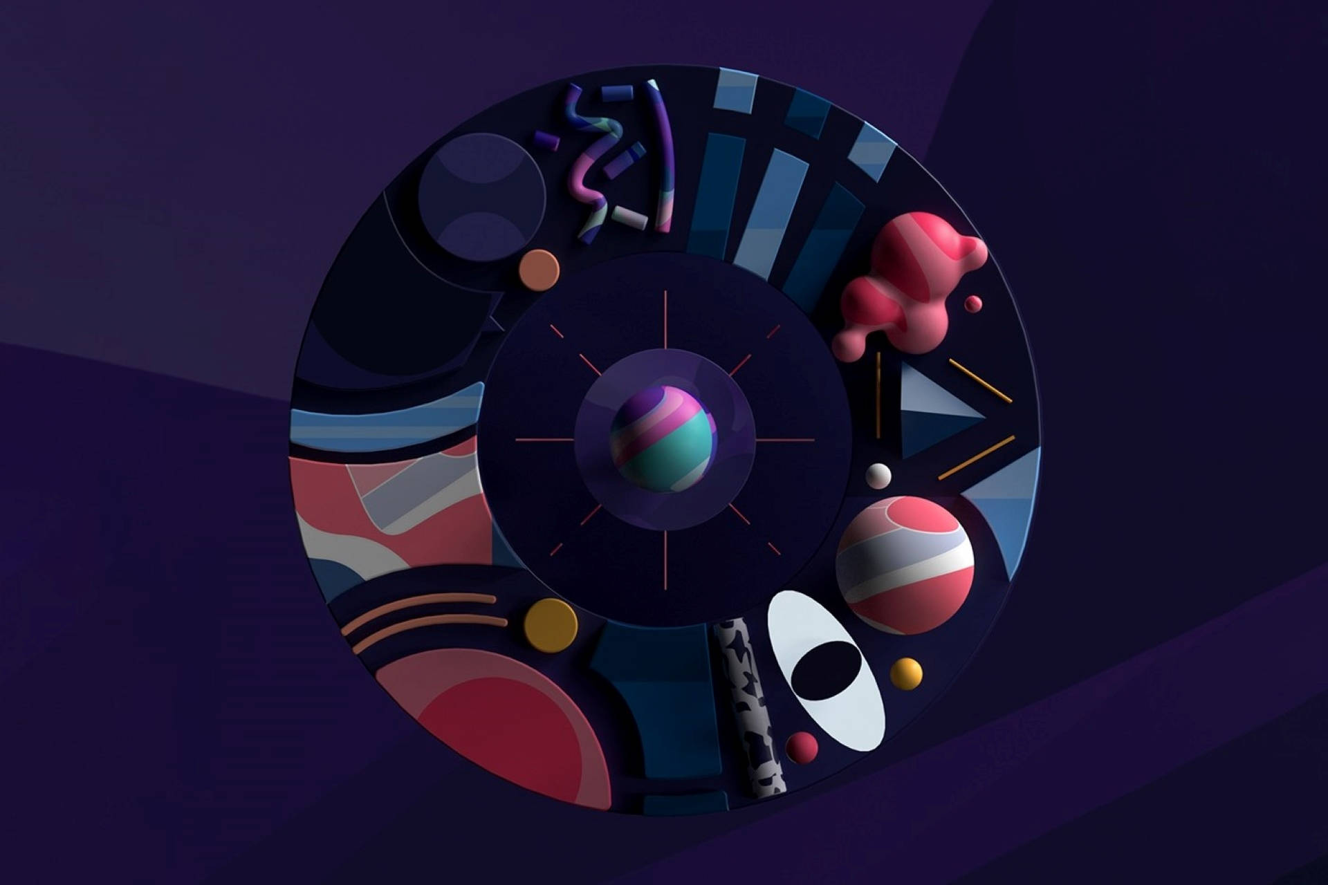 宇宙盤3D藝術 壁紙 — 一幅充滿活力的抽象數位藝術作品，以深紫色背景為襯，色彩繽紛的幾何形狀和球體排列成圓形構圖。