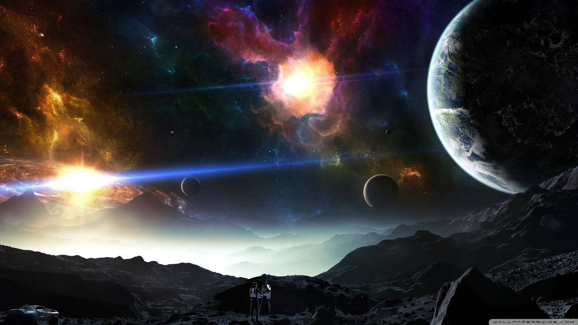 一個人在外星行星上仰望色彩繽紛的星雲和太空中的地球。