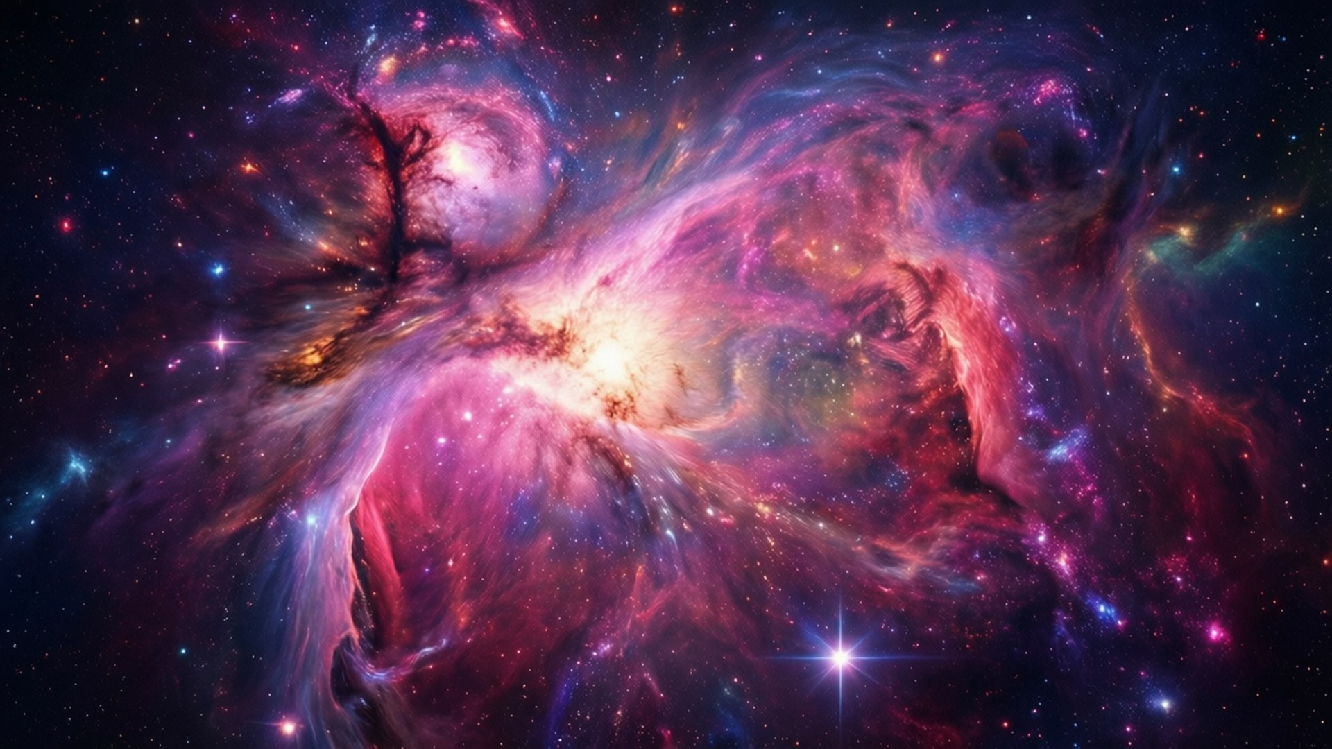 充滿活力的宇宙星雲，帶有旋轉的粉紅色、紫色和藍色氣體以及發光的星星。