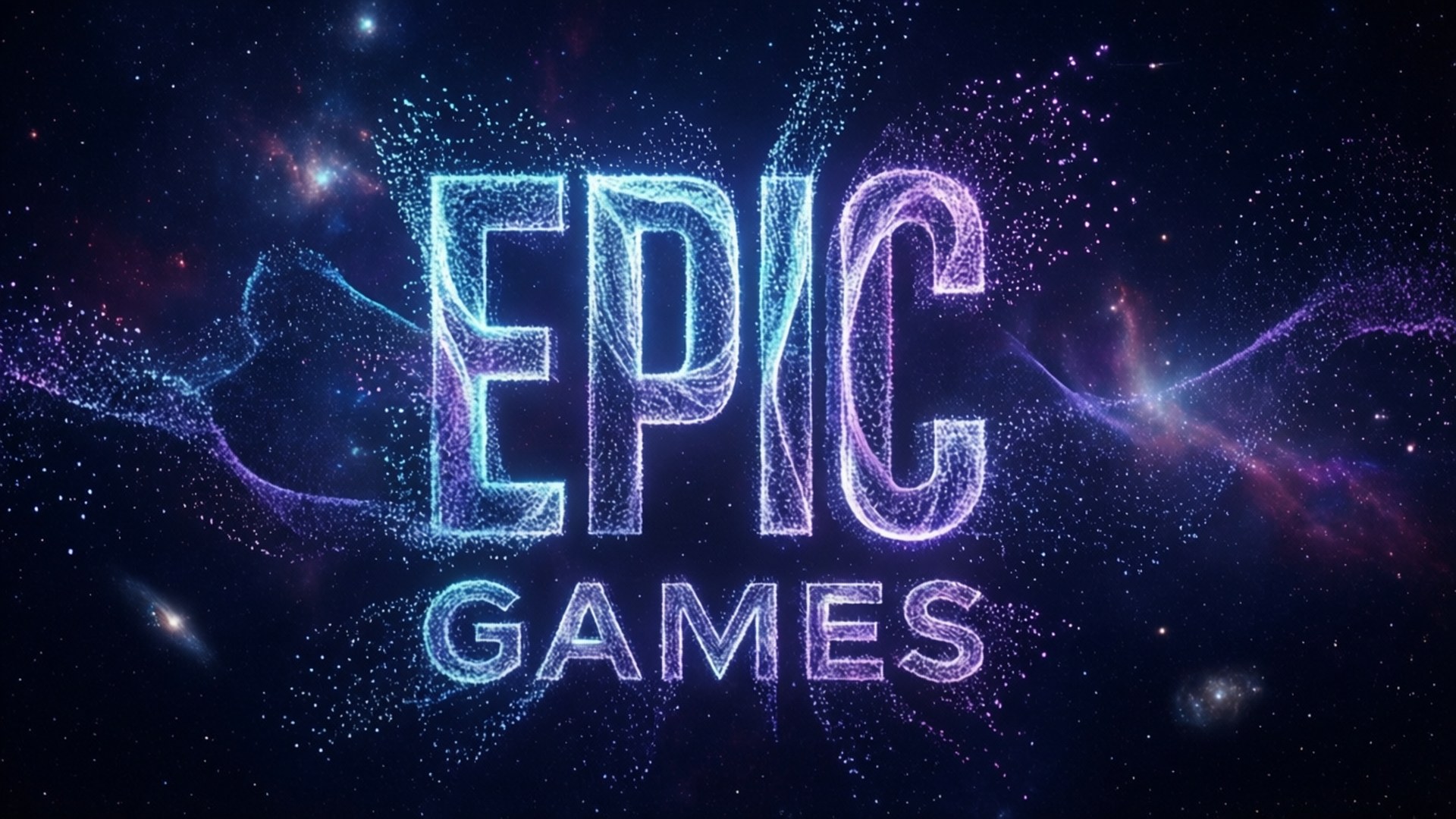 在色彩繽紛的宇宙空間中由發光粒子組成的Epic Games標誌。