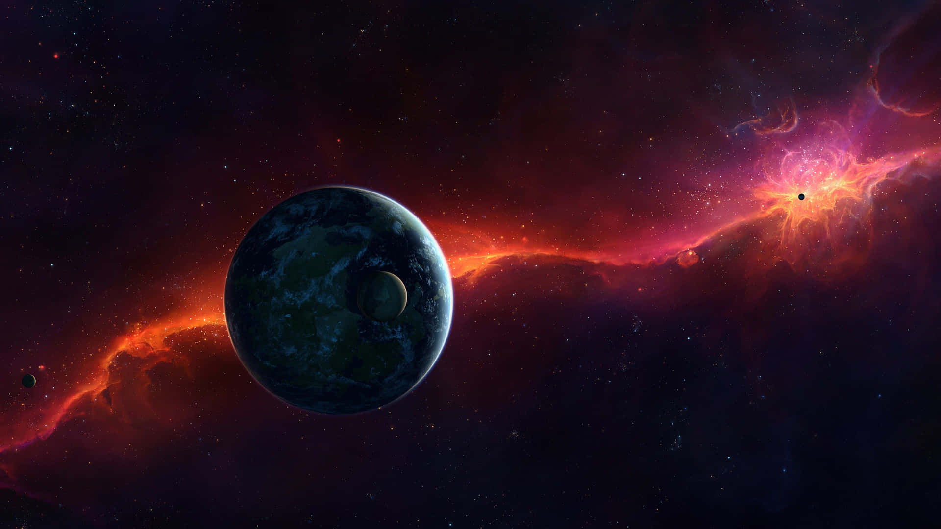 一顆藍綠色行星帶著衛星，在深空中環繞著發光的星雲運行。
