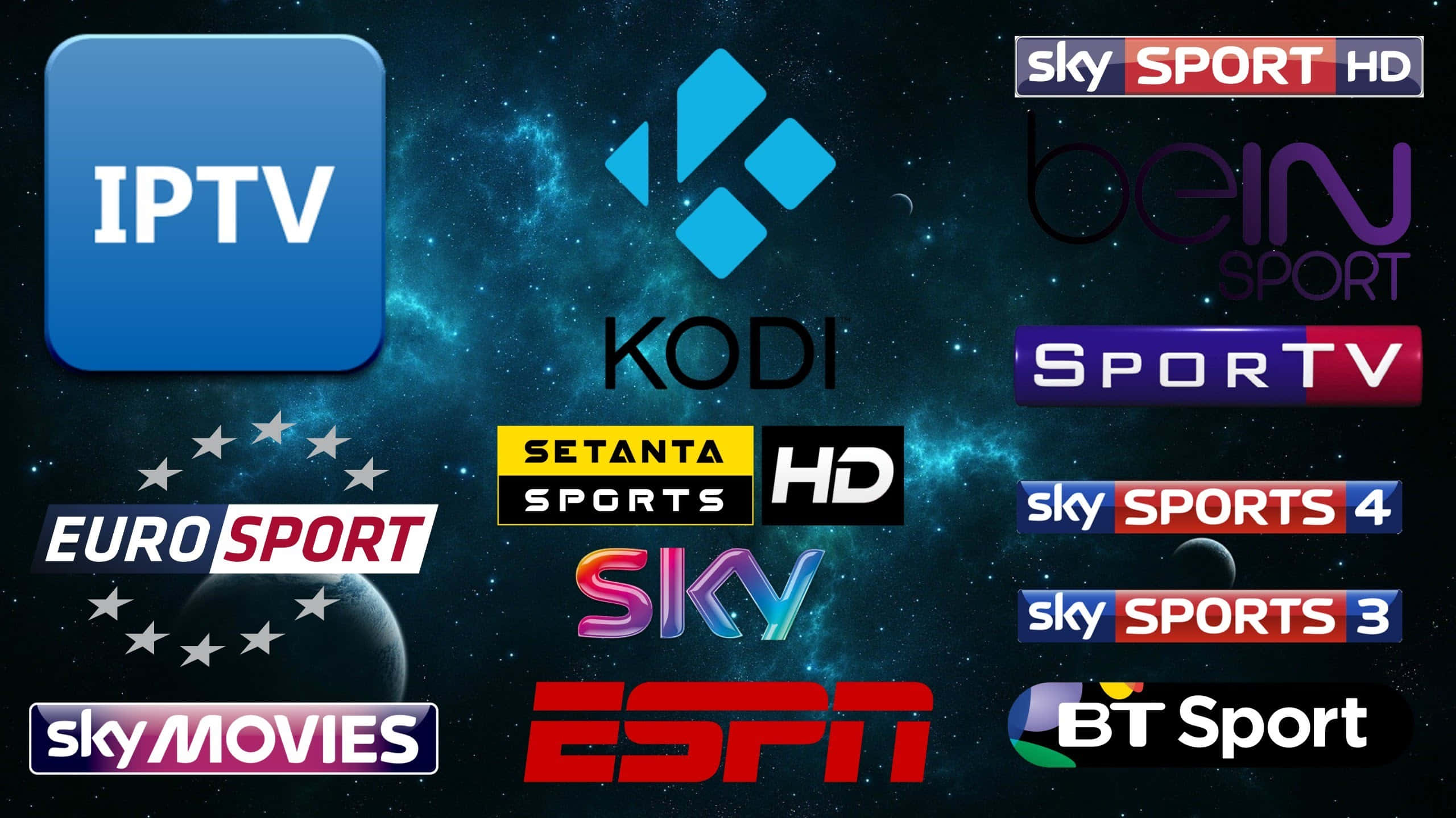 channel 桌布 壁紙 — 宇宙背景展示咗Kodi IPTV ESPN同Sky Sports等串流同體育服務嘅鮮豔標誌。