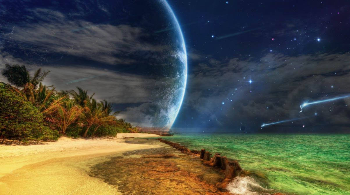 夜晚的熱帶海灘，在巨大的發光行星和流星之下。