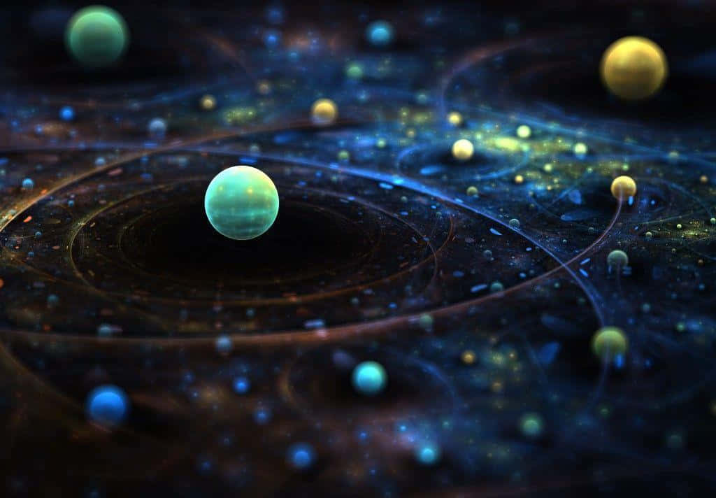 發光的行星在色彩繽紛的宇宙星雲中運行，帶有旋轉的能量軌跡。