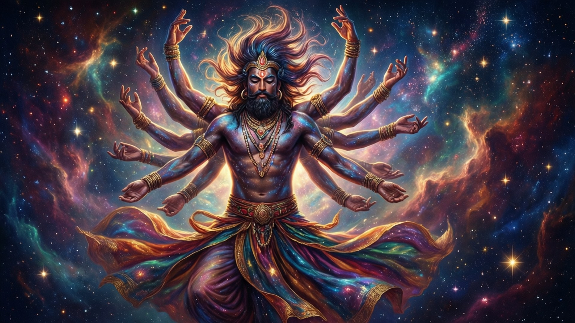 宇宙舞者 壁紙 — 一位多臂的宇宙神祇，飄逸的頭髮和華麗的珠寶，在充滿星星的鮮豔星雲前散發力量。