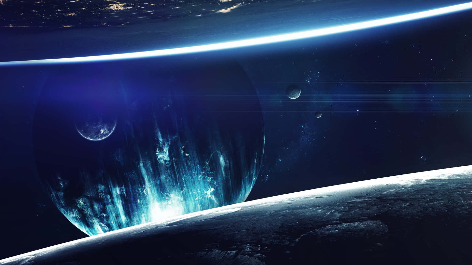 宇宙藍光 4K 壁紙 — 一個宇宙景觀顯示一顆發光的藍色行星，帶有極光，從環繞隕石坑月球表面的軌道上觀看。