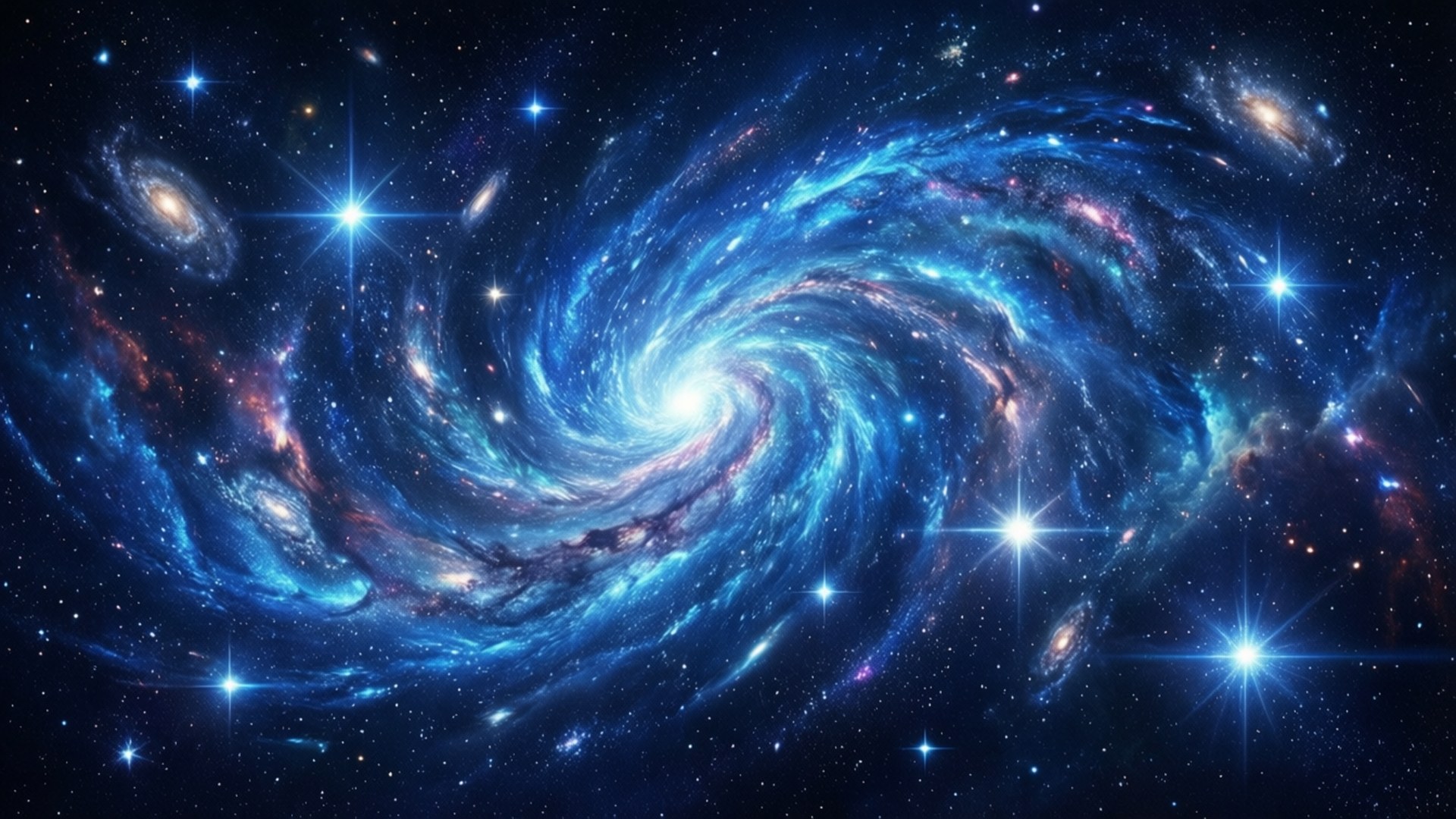 宇宙藍漩渦 壁紙 — 一個充滿活力的螺旋星系，帶有電藍色和宇宙紫色星雲，周圍環繞著明亮的星星，背景是深邃的黑色虛空。