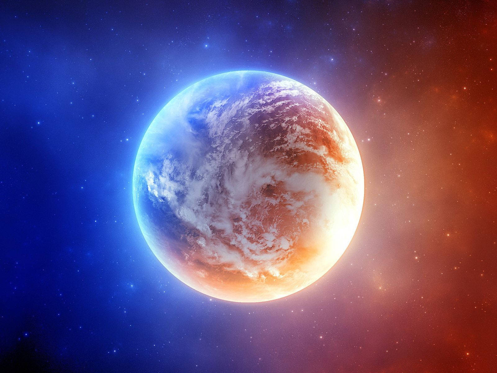 一顆發光的行星帶有旋轉的雲層，背景是充滿星星的彩色宇宙星雲。