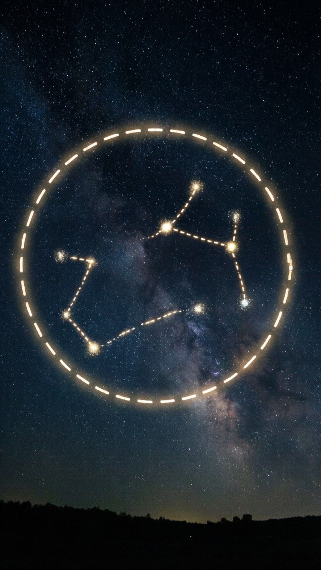 宇宙虛線圓圈 壁紙 — 一個發光的星座輪廓圍繞著一個明亮的星團，背景是深邃的星空夜空，銀河系清晰可見。
