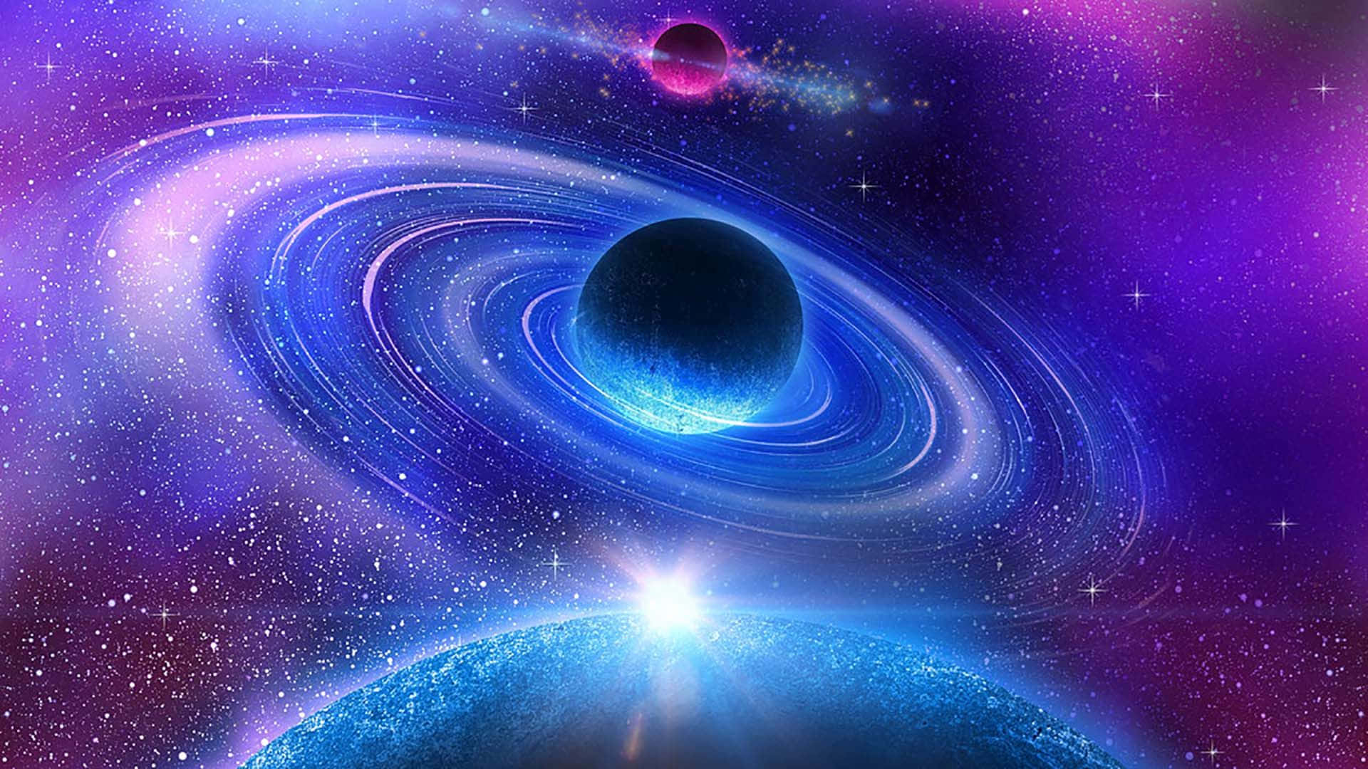 宇宙行星風景背景 壁紙 — 一個宇宙場景，發光的藍色行星被旋轉的環和星星環繞，背景是充滿活力的紫色和藍色星雲。