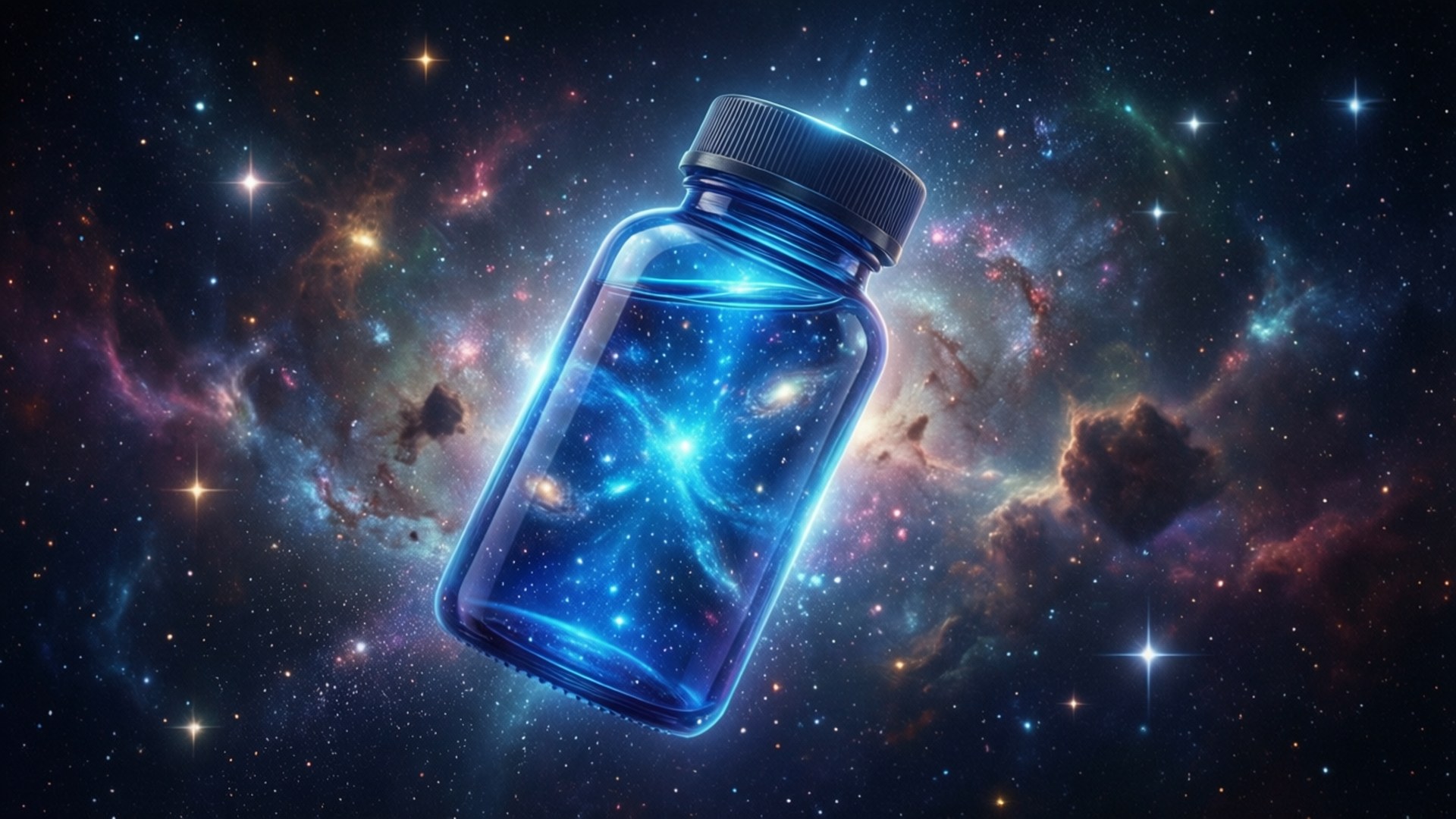 一個發光的藍色瓶子，內含一個繁星點點的星系，漂浮在色彩繽紛的宇宙星雲中。
