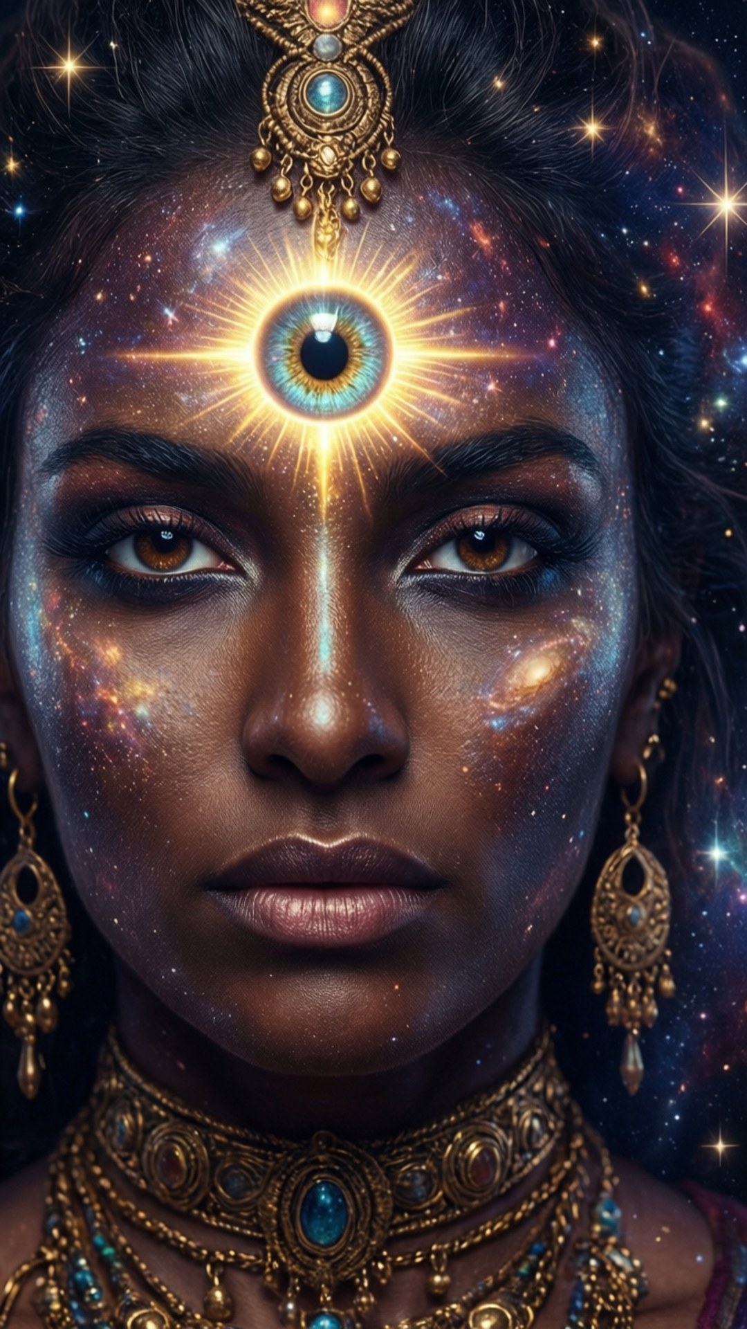 宇宙覺醒 壁紙 — 一位擁有宇宙星系肌膚和閃耀第三隻眼的女性，佩戴金色珠寶，背景是繁星點點的夜空。