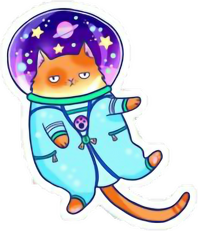 宇宙貓宇航員貼紙 壁紙 — 一隻可愛的橙色貓咪穿著淺藍色太空衣，戴著紫色星形頭盔，在黑色背景上漂浮。