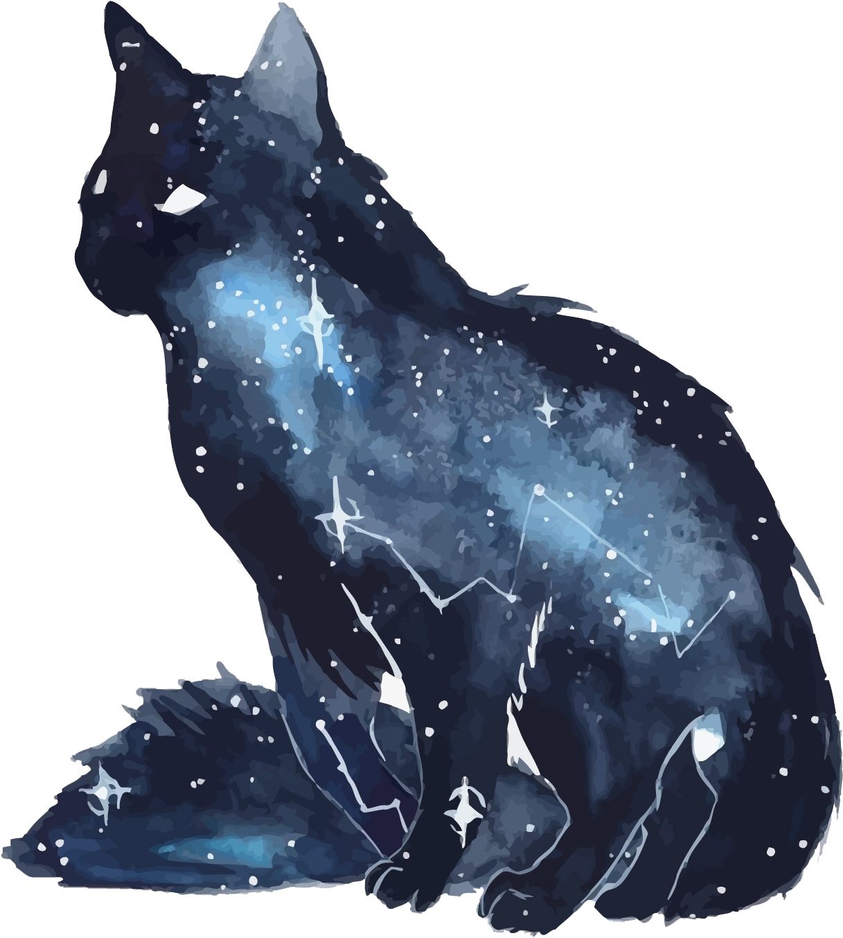 宇宙貓星系圖案 壁紙 — 水彩貓剪影，充滿發光的星星和星座，背景為黑色。
