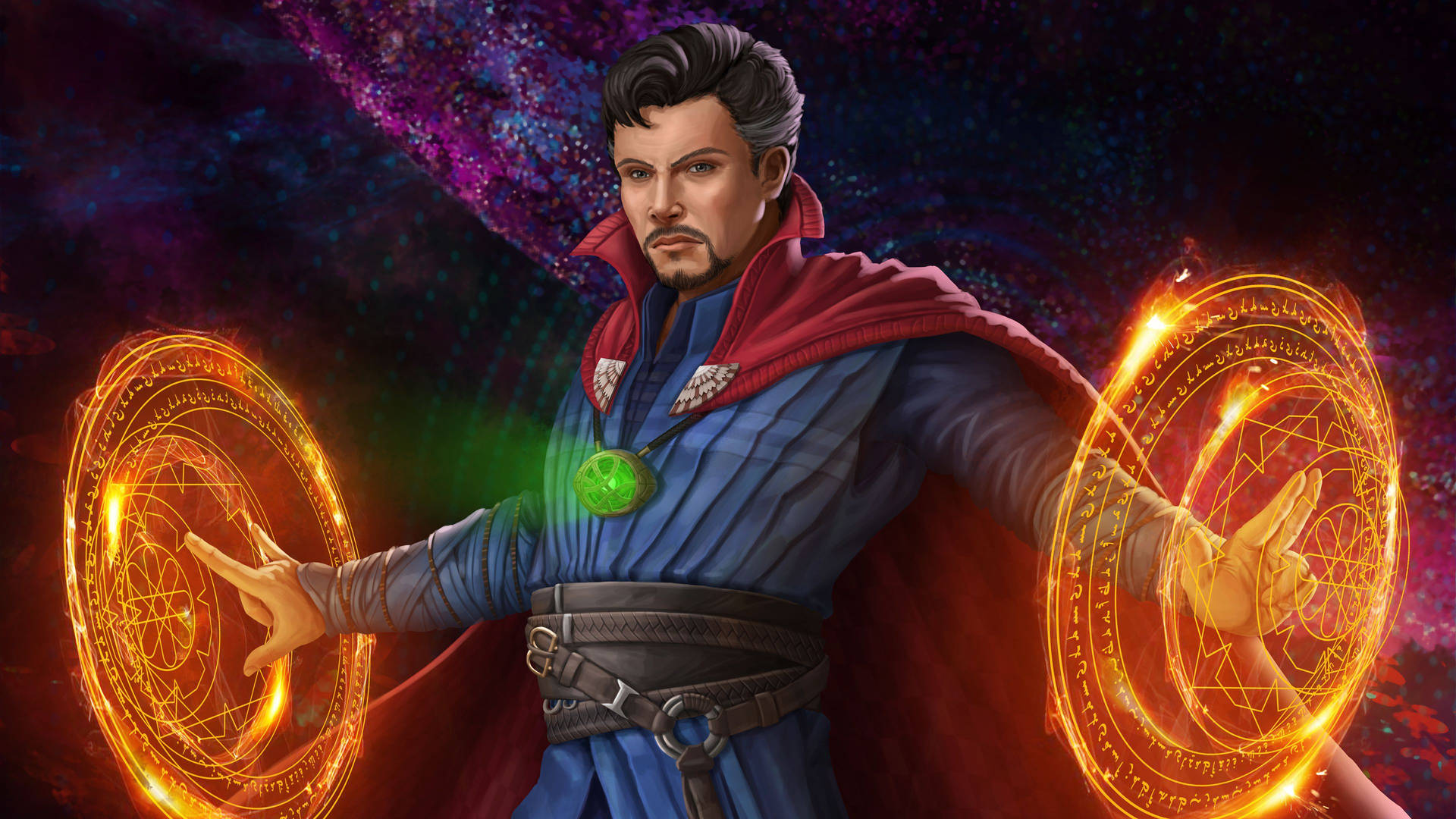 奇異博士在宇宙環境中施展發光的魔法符文。