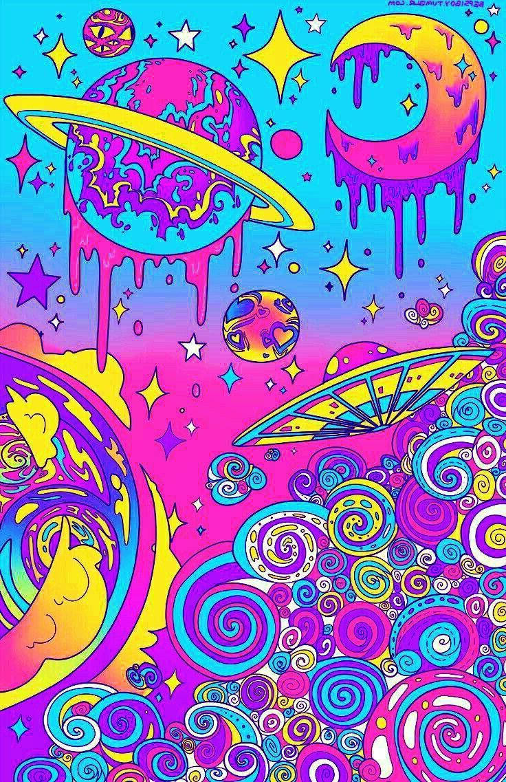 迷幻太空插圖，帶有熔化的行星和鮮豔色彩中旋轉的圖案。