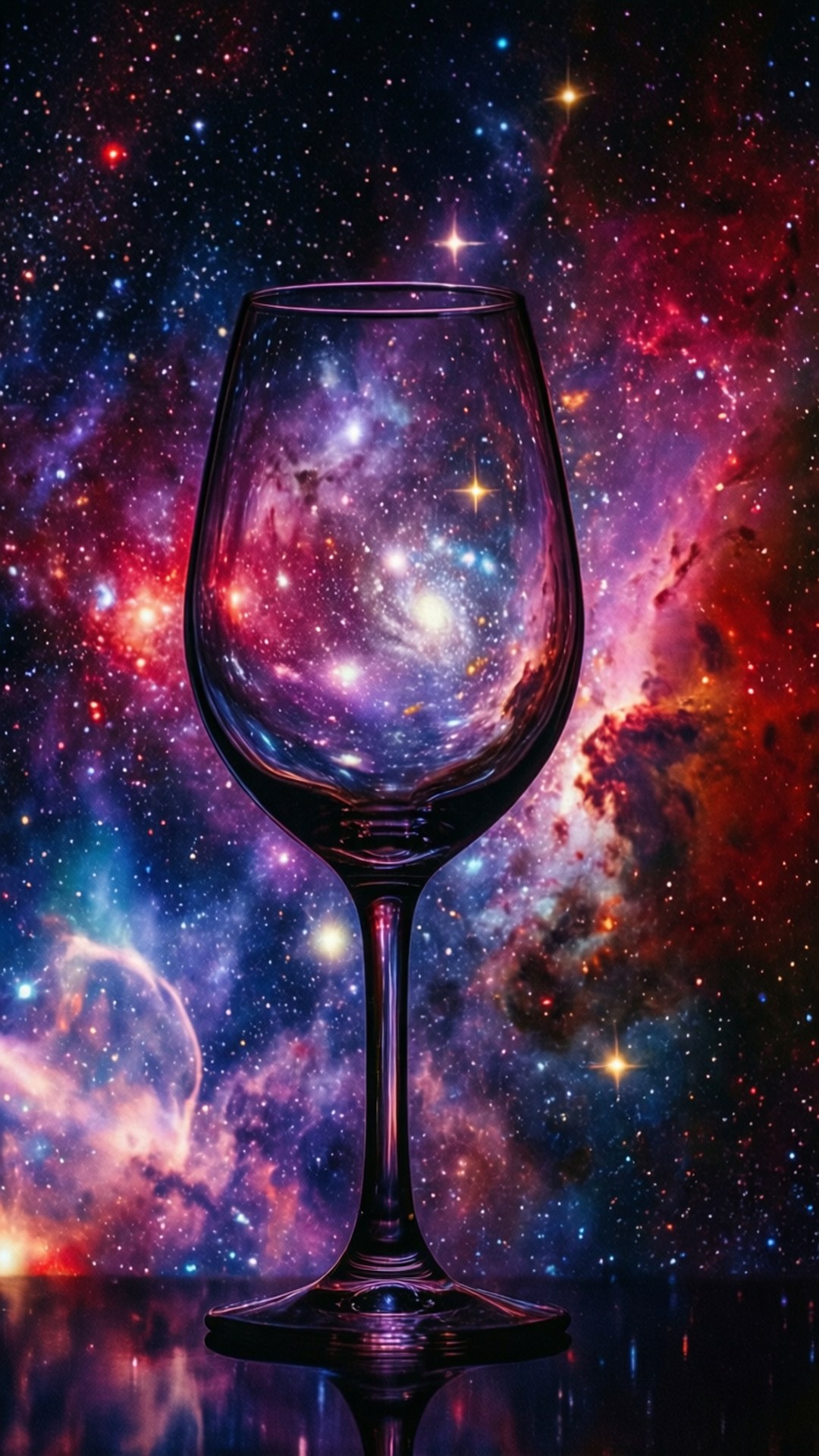 一個酒杯在繁星點點的太空背景下反射出色彩繽紛的宇宙星雲。