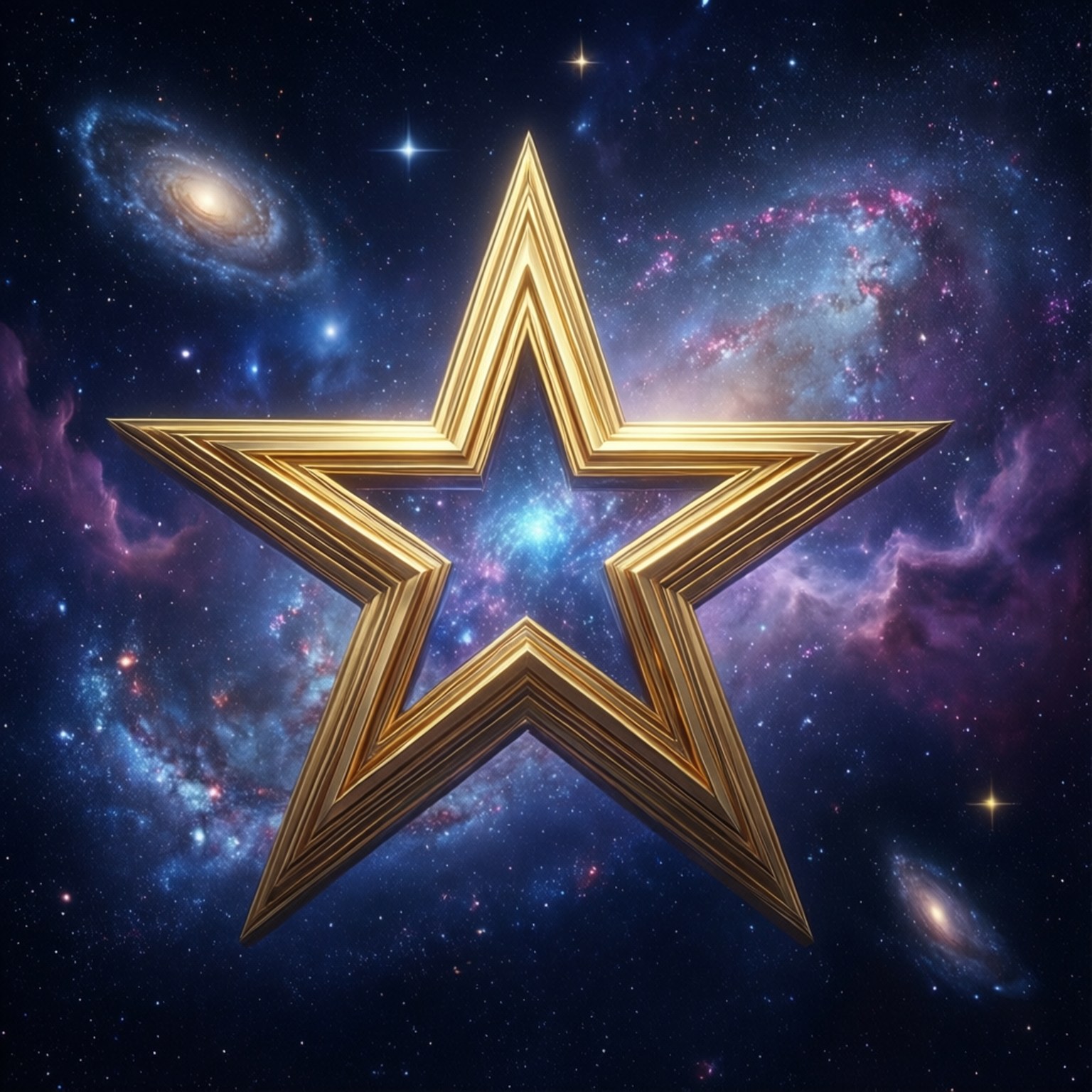 一顆邊緣有凹槽的金色星星，置於充滿星系和星雲的鮮豔宇宙場景中。
