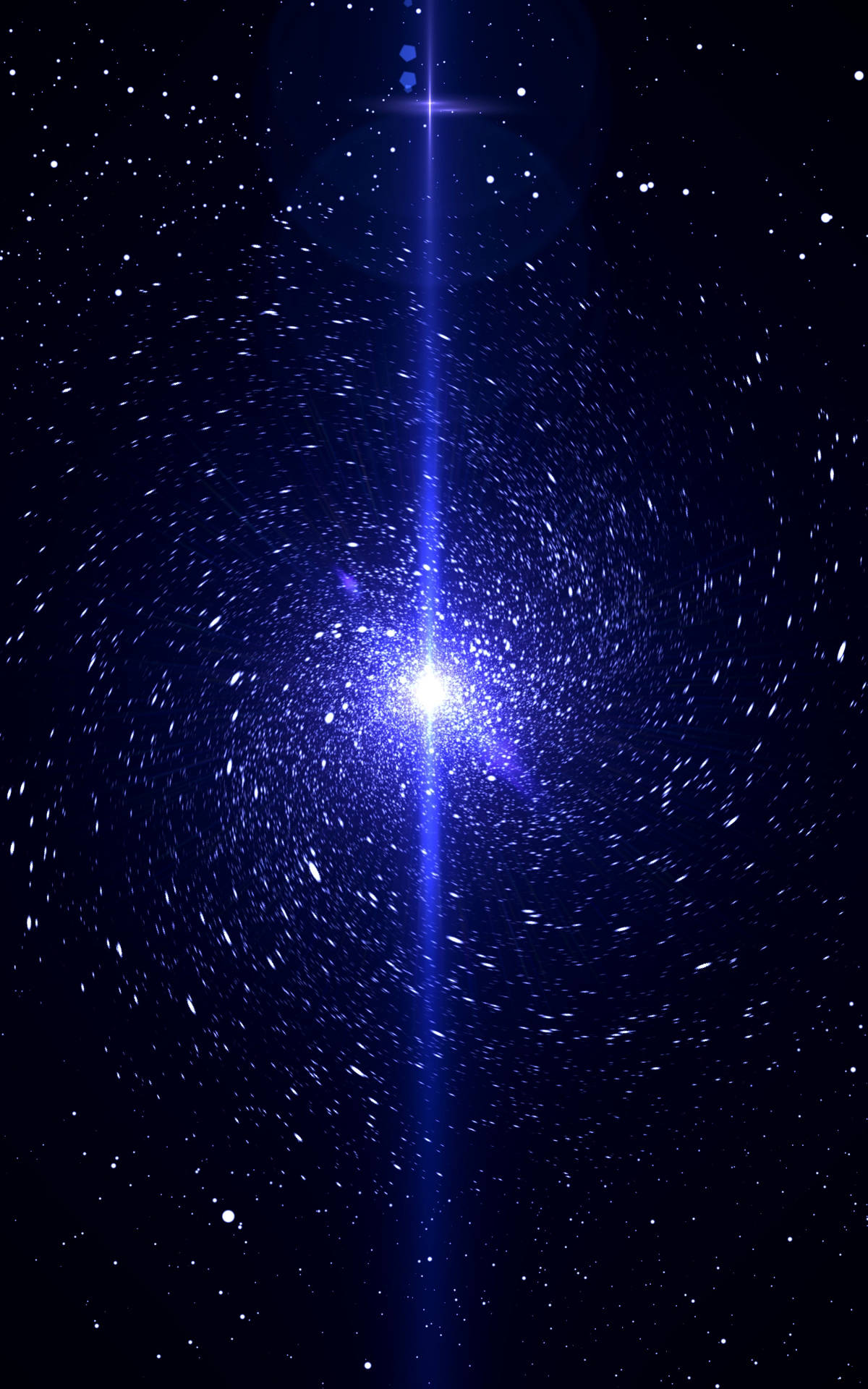明亮的藍色星爆透過星空夜空散發，帶有鏡頭光暈。