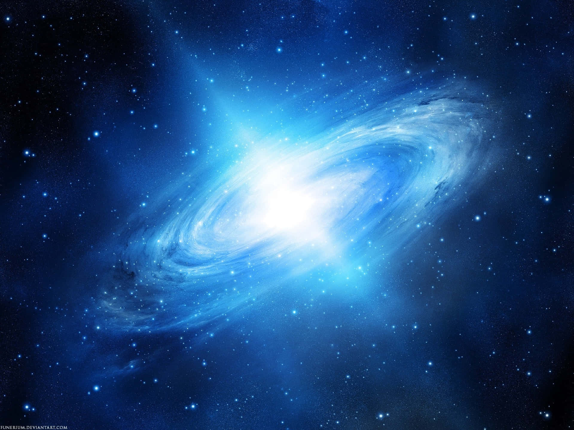 一個明亮的藍色螺旋星系，在深空中被無數星星環繞。