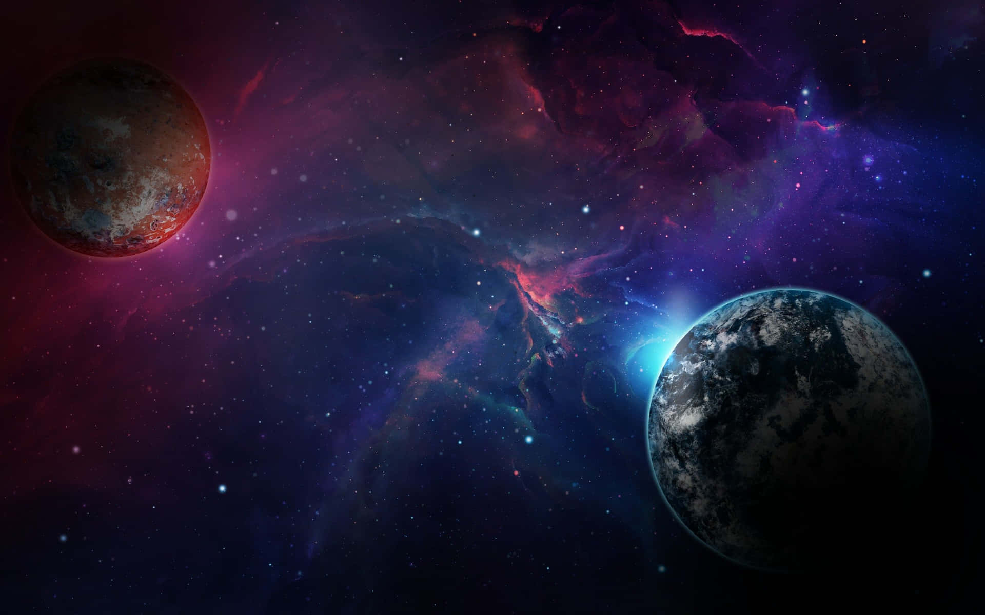 兩顆行星在一個充滿星星和宇宙塵埃的彩色星雲中運行。