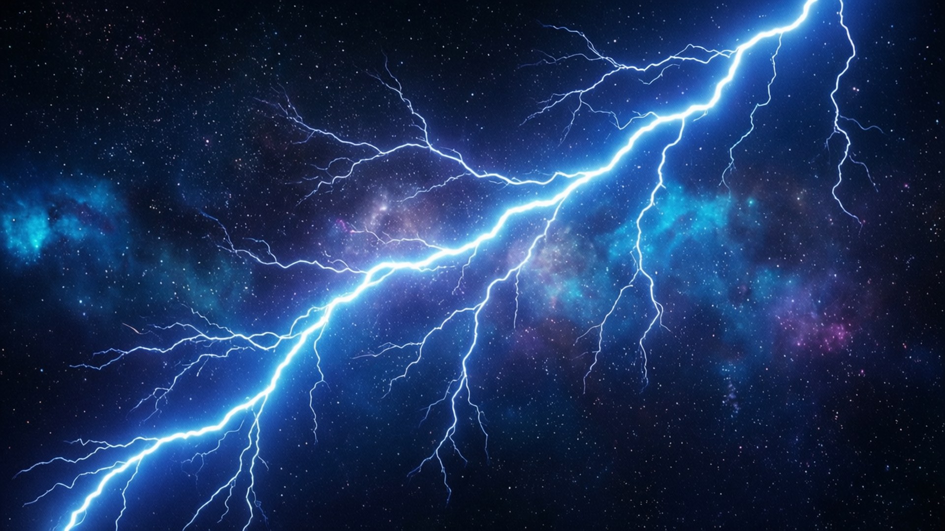 宇宙電光雷射 壁紙 — 一道明亮的藍色閃電劃過佈滿星星的宇宙天空，充滿發光的星雲和遙遠的星系。