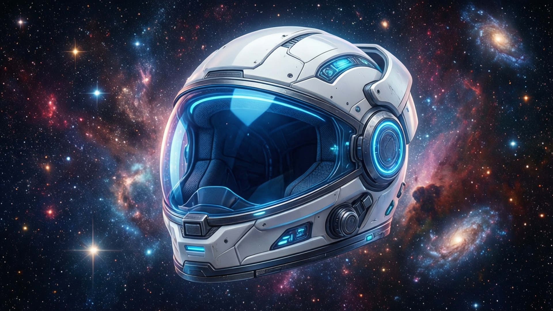 宇宙頭盔視界 壁紙 — 一個帶有發光藍色點綴的未來風格太空人頭盔，漂浮在充滿星星和彩色星雲的充滿活力的宇宙背景前。