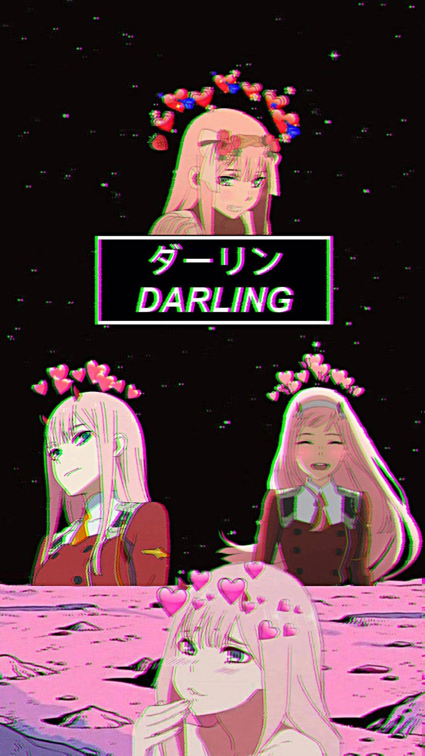 粉紅色頭髮的動漫女孩和漂浮的心形圖案在粉紅色月球表面上，星空下。