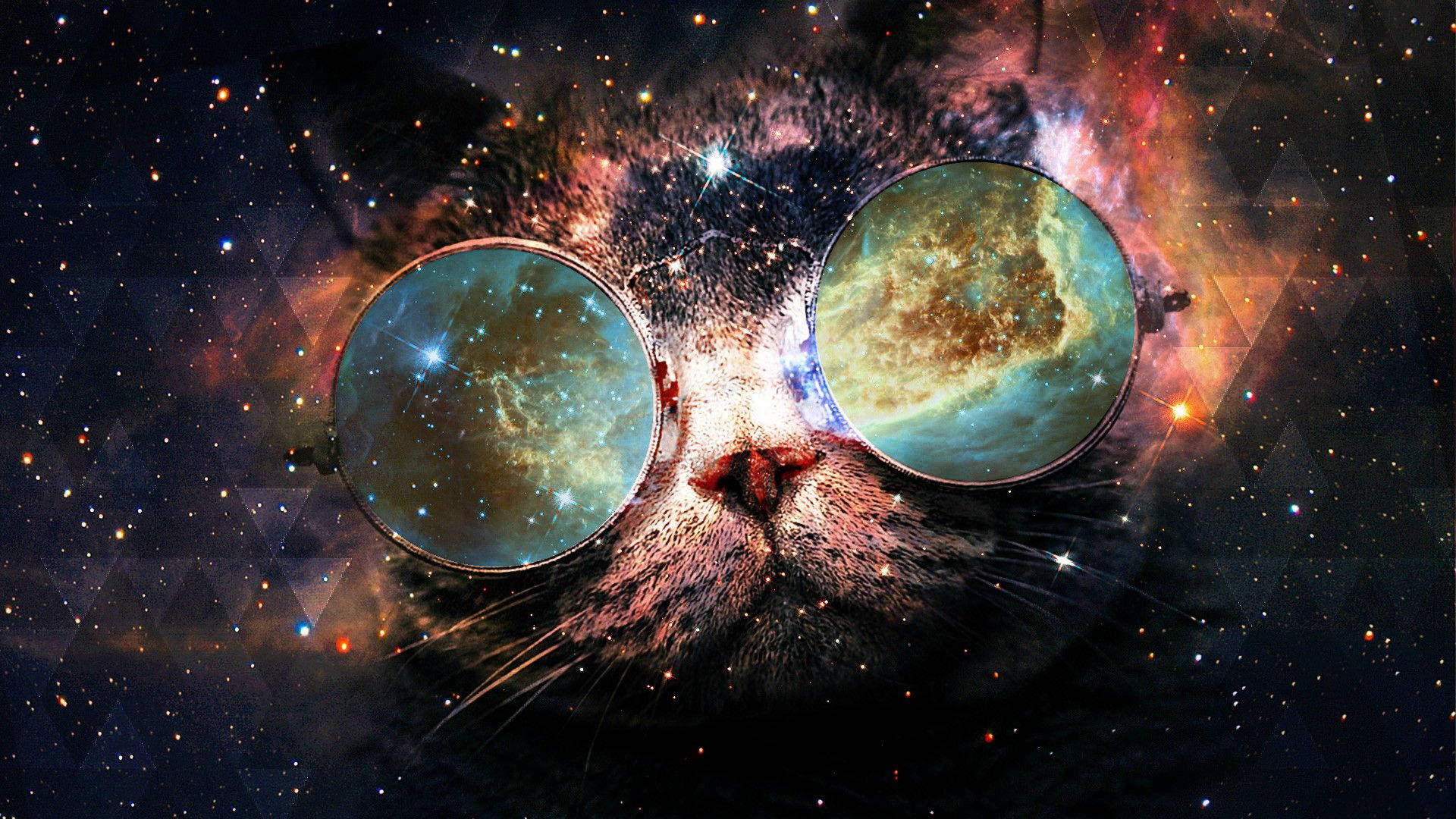 宇宙風酷貓藝術 壁紙 — 一隻戴著太陽眼鏡反射星雲的宇宙貓，從星光熠熠的銀河背景中凝視。