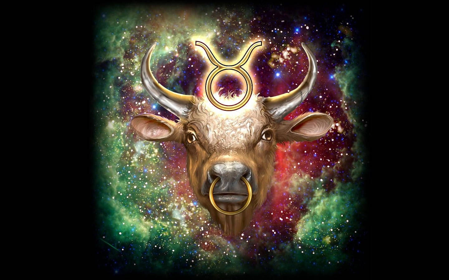 宇宙風金牛座 壁紙 — 一頭雄偉的公牛，長著金色的角和鼻環，漂浮在充滿星星和旋轉星系的充滿活力的宇宙星雲中。