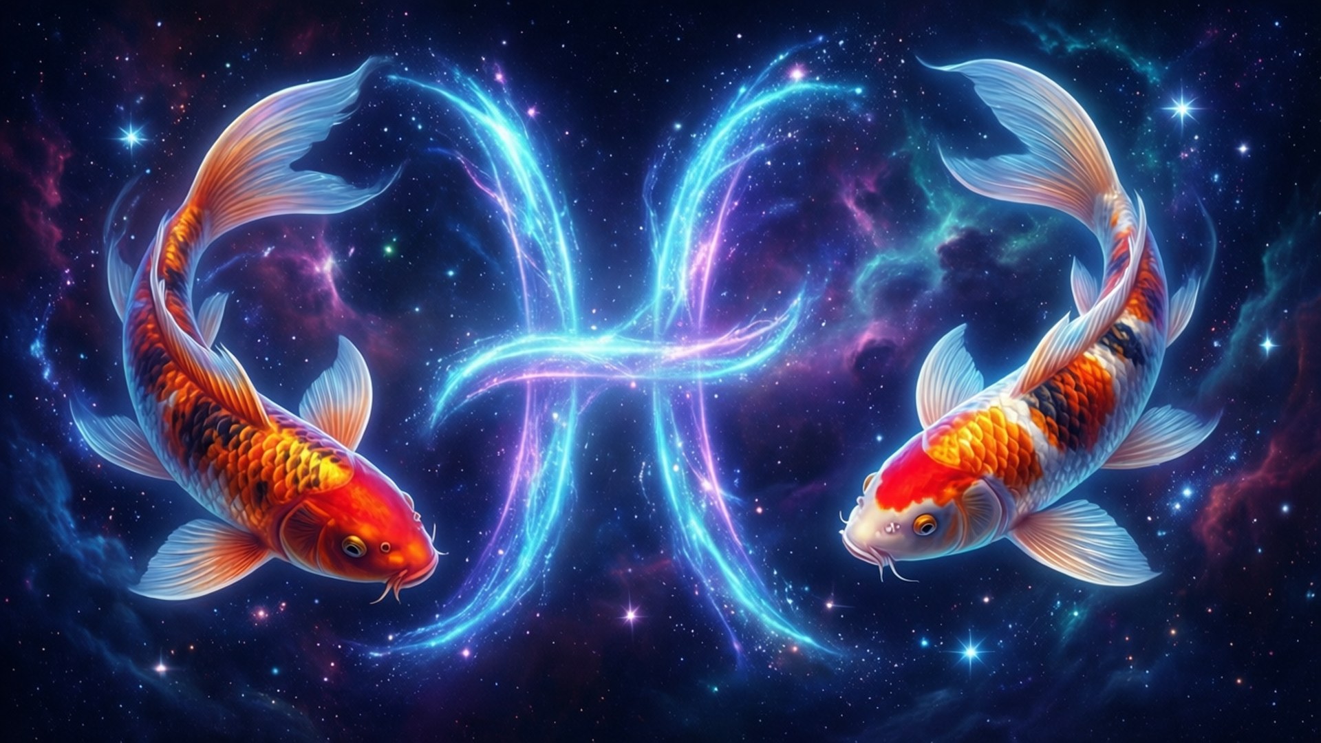 宇宙鯉魚雙魚座 壁紙 — 兩條充滿活力的錦鯉在宇宙星雲中優雅地游動，它們之間發光的藍色能量軌跡形成一個心形。
