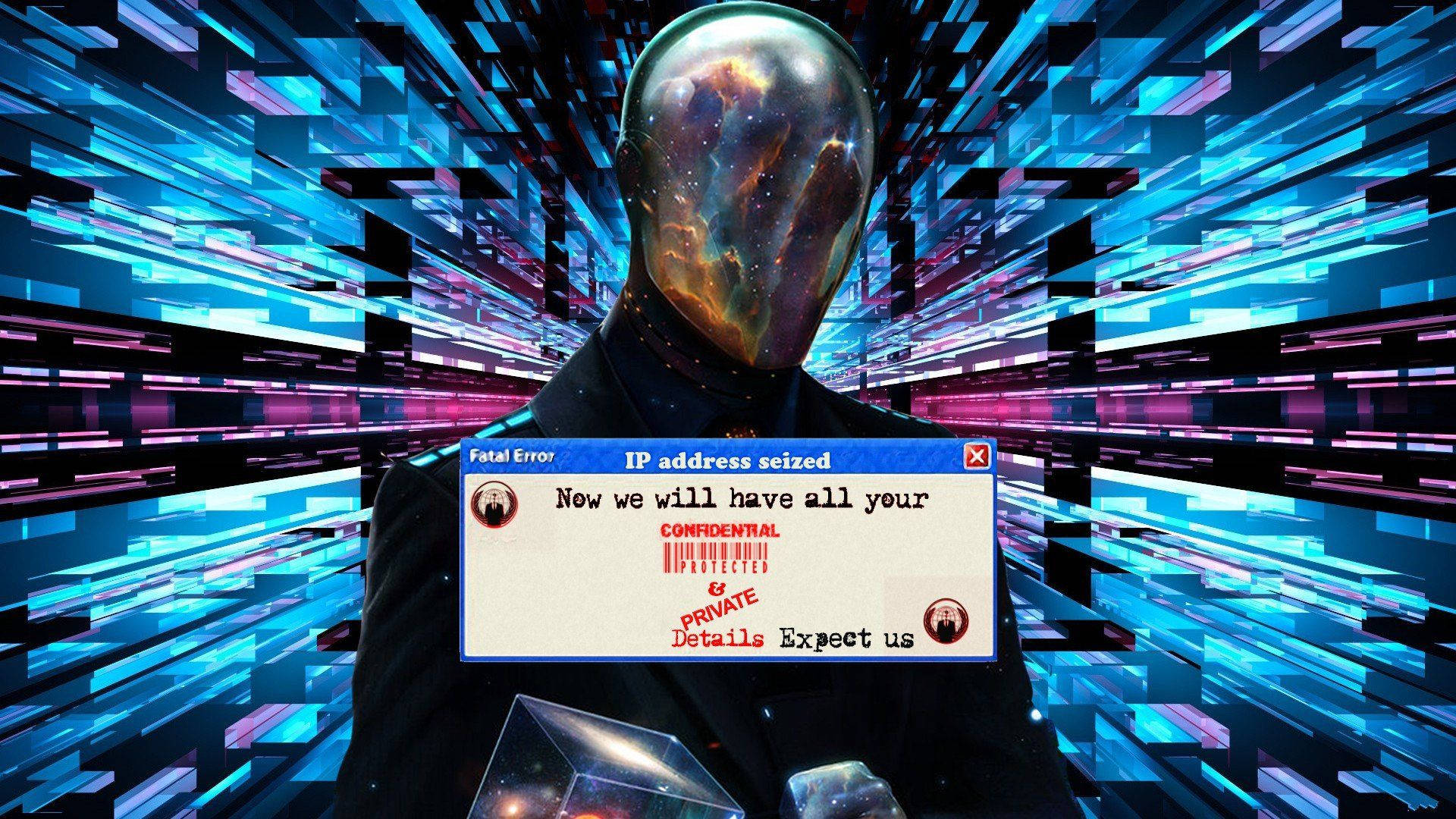 宇宙黑客 3D 壁紙 — 一個戴著面具、擁有銀河面孔的人物站在數碼條紋中，手持關於IP地址被扣押的彈出警告。