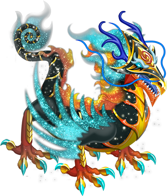 宇宙龍插畫 壁紙 — 一條宇宙龍，帶有火橙色和閃閃發光的藍綠色鱗片，在星空黑色背景上咆哮。