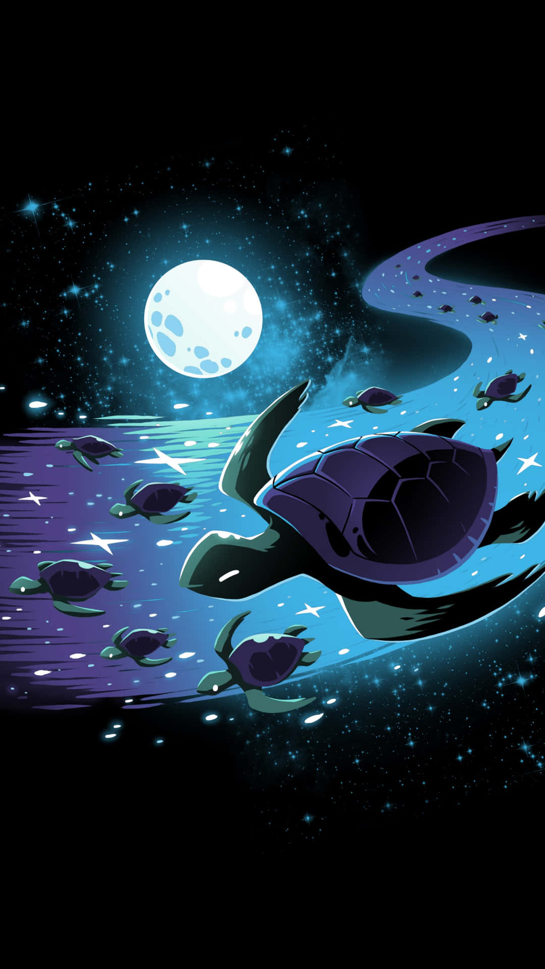 宇宙龜星際遨遊 壁紙 — 一群海龜在發光的月亮下，游過繁星點點的海洋水域，呈現於一幅充滿活力的數位插圖中。