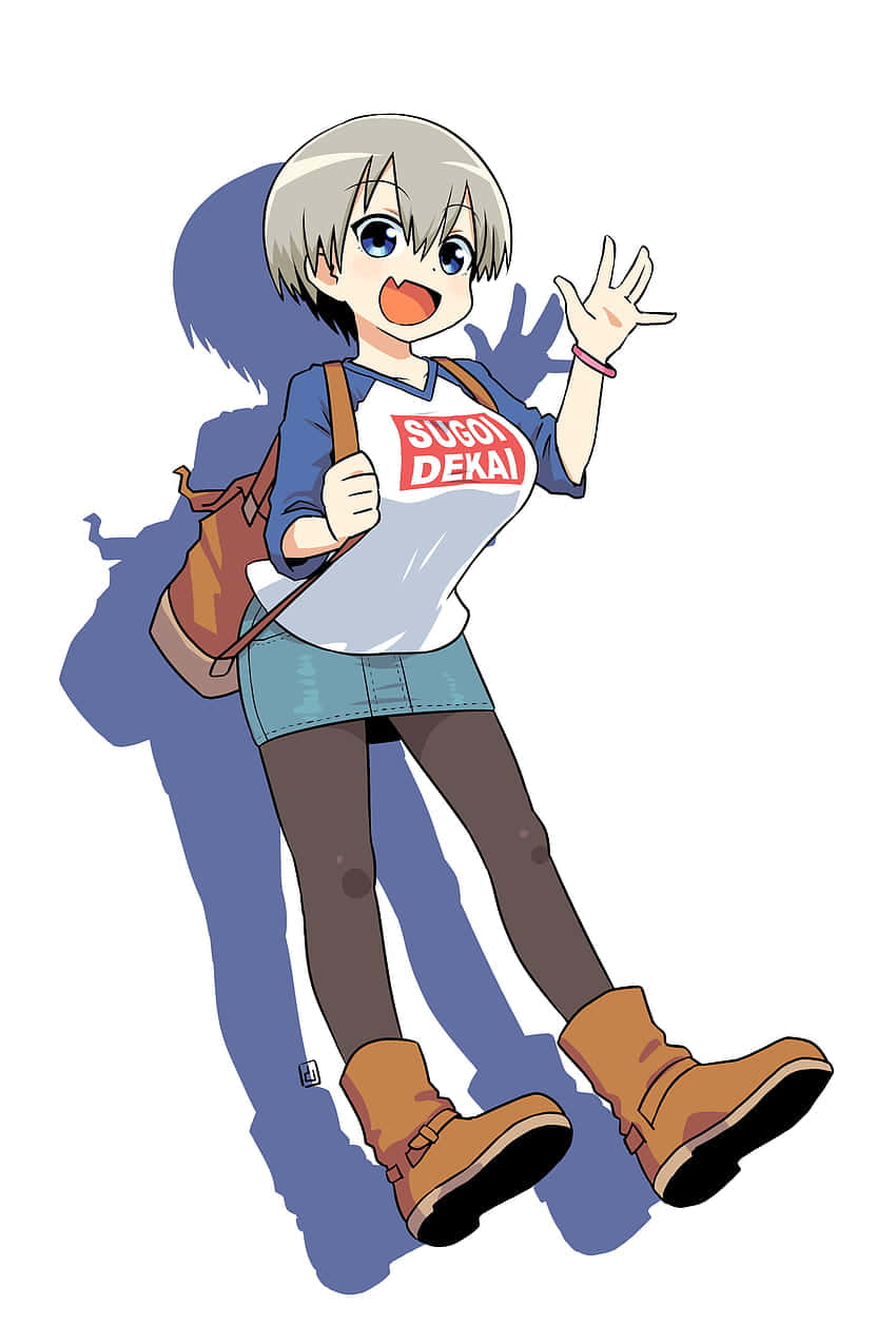 灰髮動畫女孩穿著休閒服裝開心地揮手。