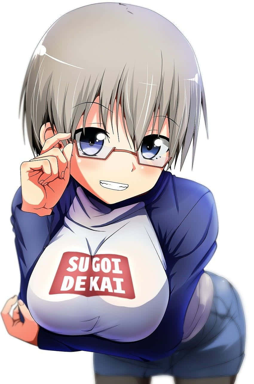 灰色頭髮、戴眼鏡的動漫女孩，穿著寫有「SUGOI DE KAI」的襯衫。