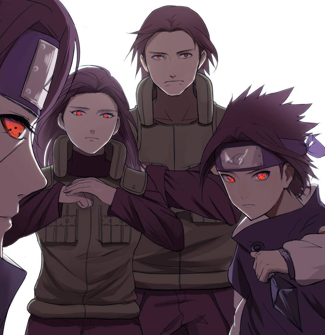 四個嚴肅的動漫忍者，紅眼睛，戴頭帶，身穿戰鬥裝備。